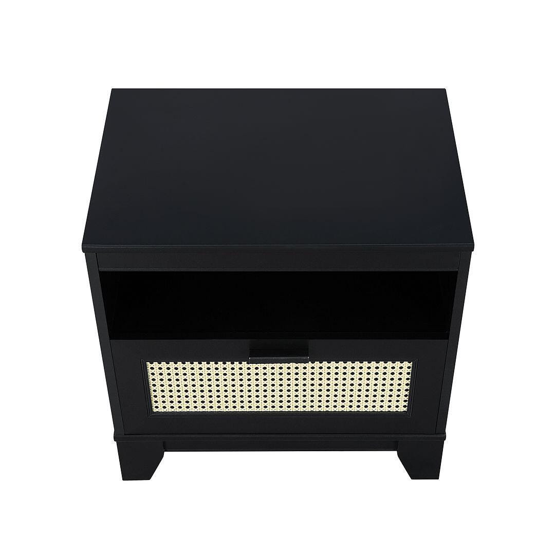 Manhattan Comfort Sheridan Cane 1-Drawer Nightstand, Black, large