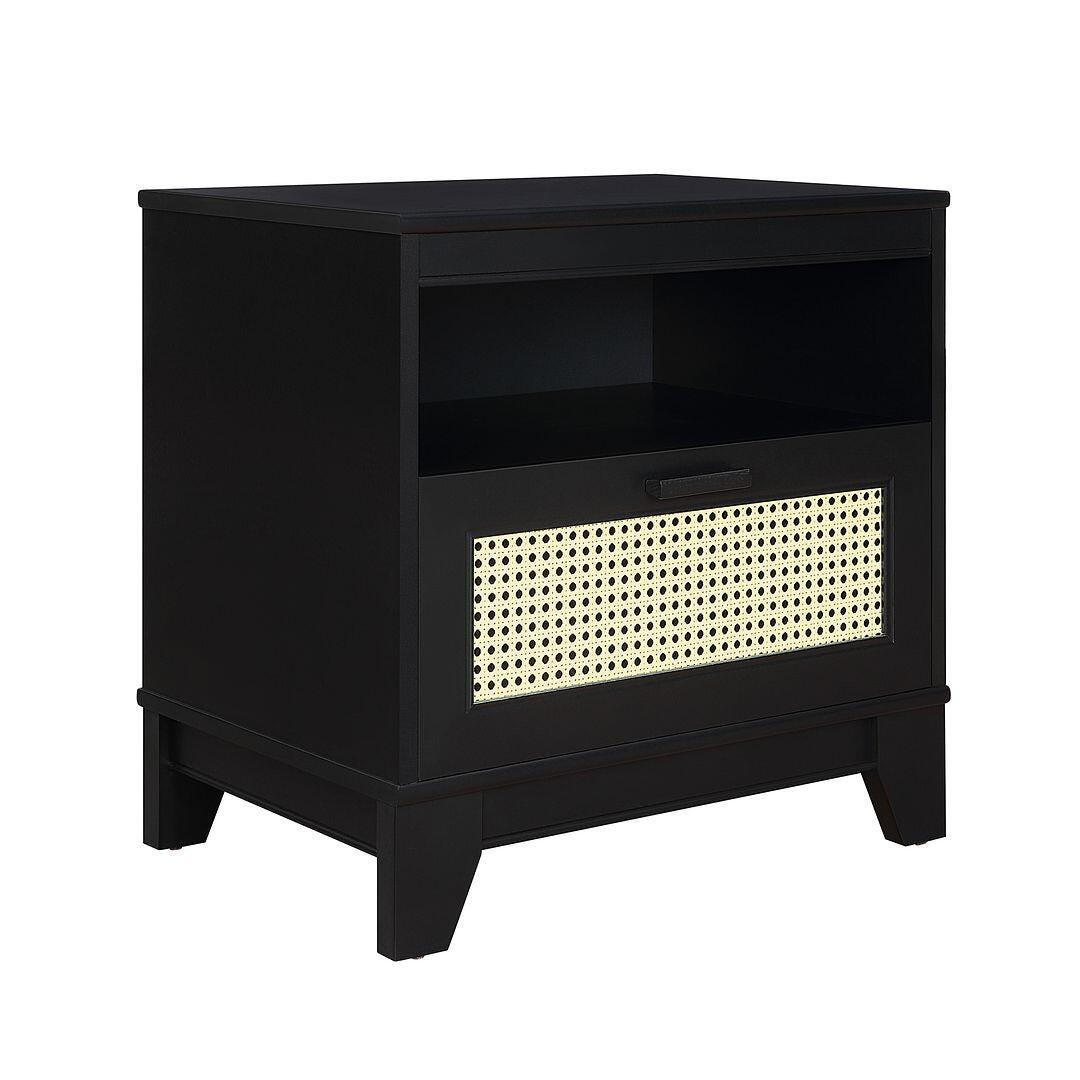 Manhattan Comfort Sheridan Cane 1-Drawer Nightstand, Black, large