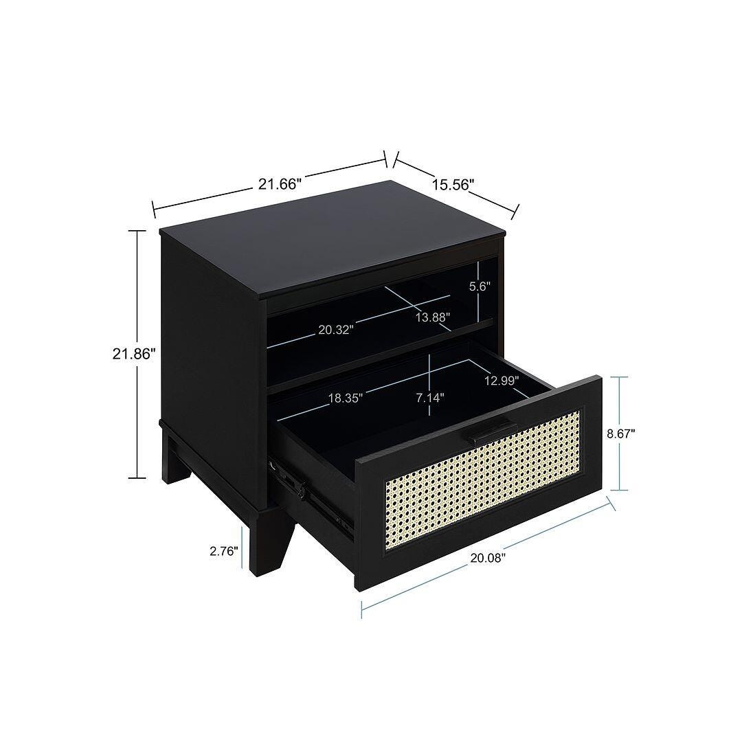 Manhattan Comfort Sheridan Cane 1-Drawer Nightstand, Black, large