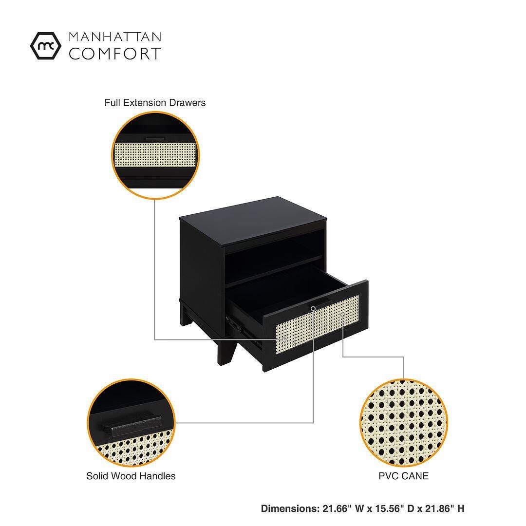 Manhattan Comfort Sheridan Cane 1-Drawer Nightstand, Black, large
