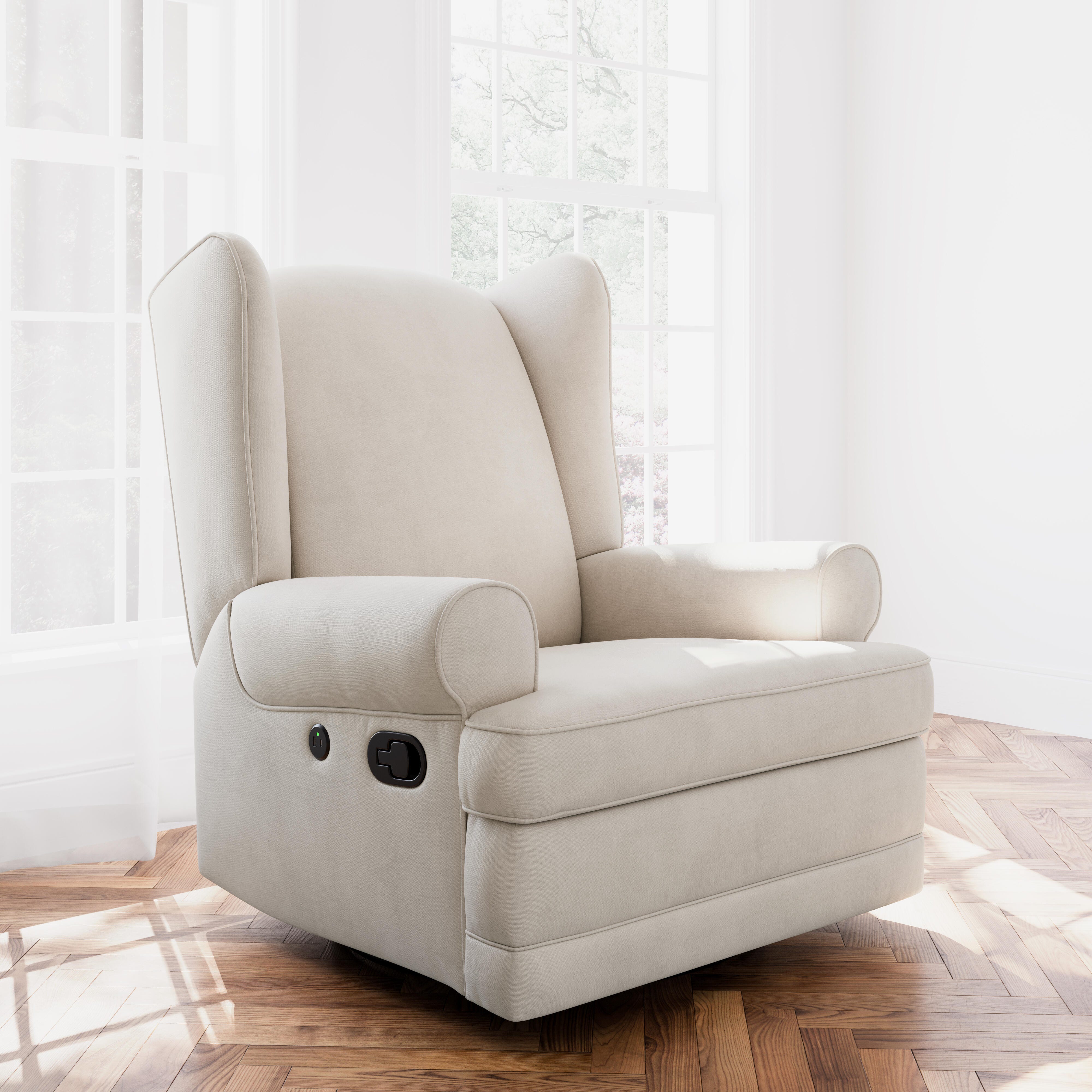 Storkcraft Serenity Wingback Upholstered Recline Glider with USB, Ivory, rollover