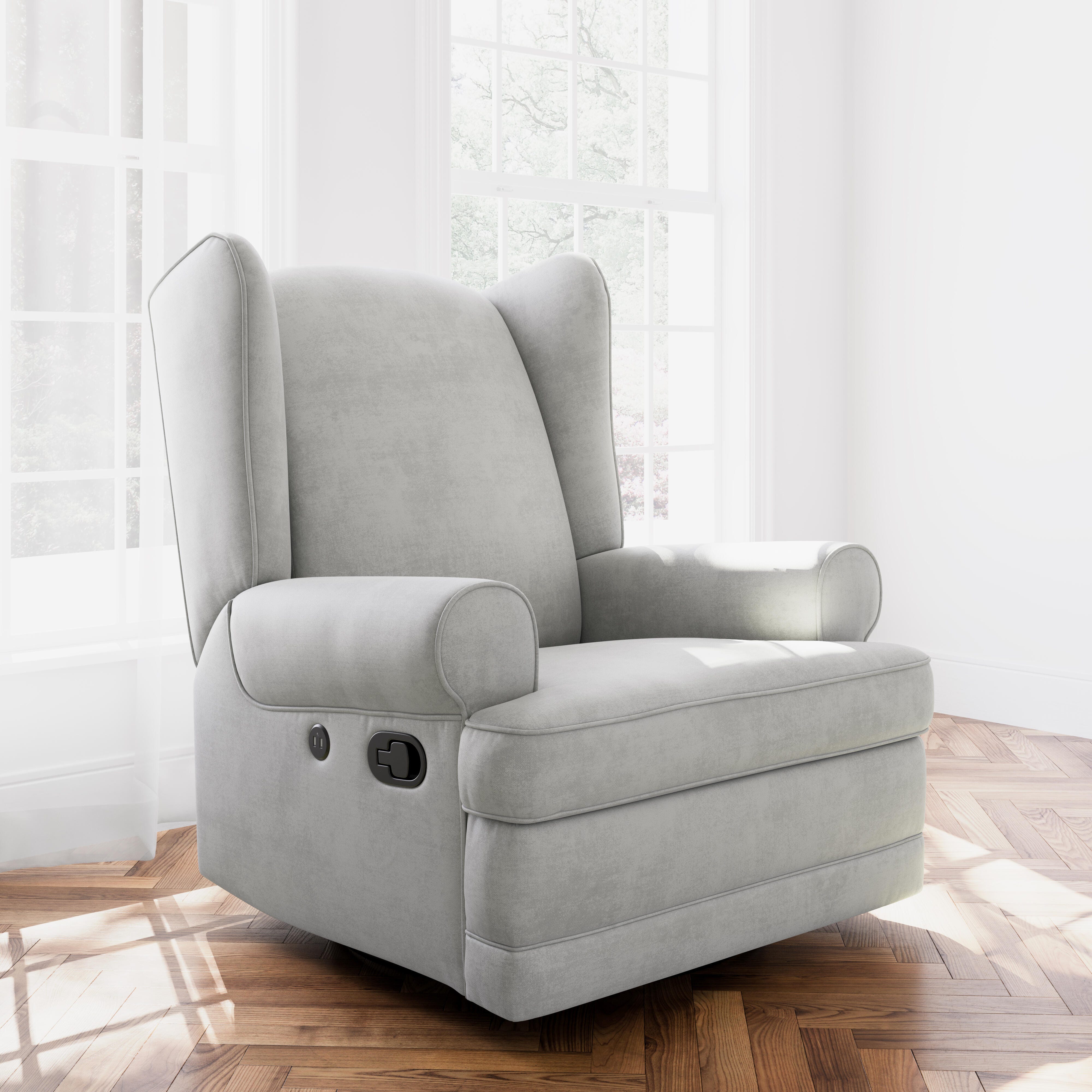 Storkcraft Serenity Wingback Upholstered Recline Glider with USB, Steel, rollover