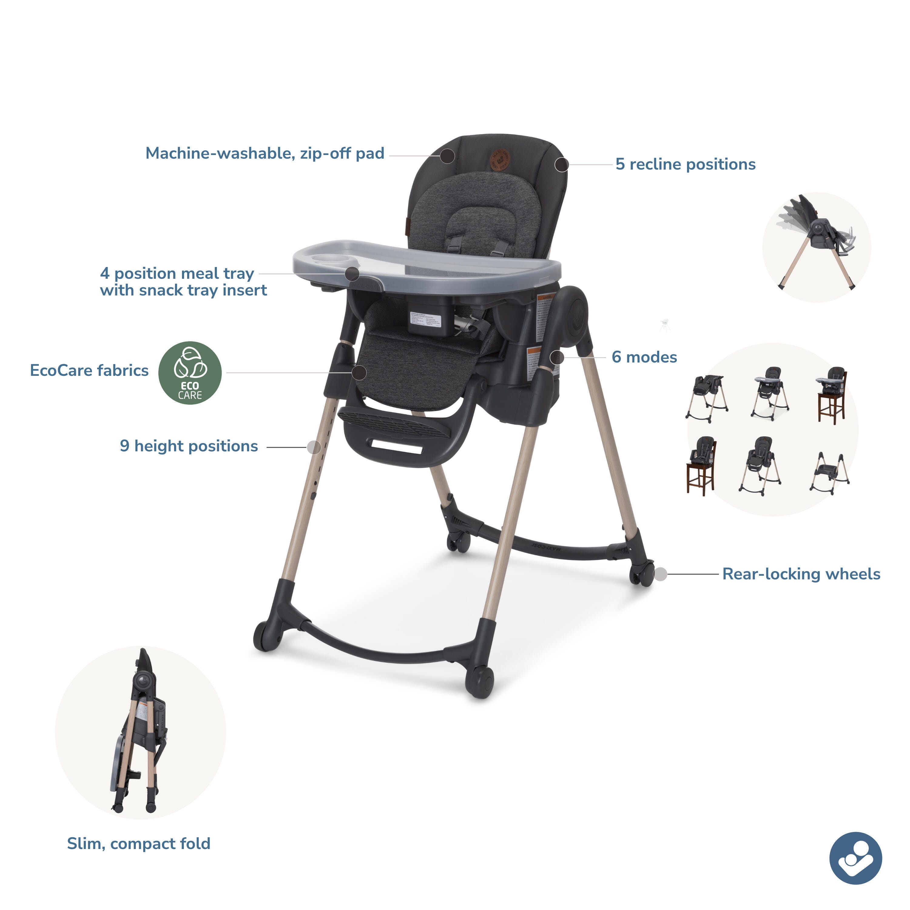 Maxi-Cosi Minla 6 in 1 Adjustable High Chair, Classic Graphite, large