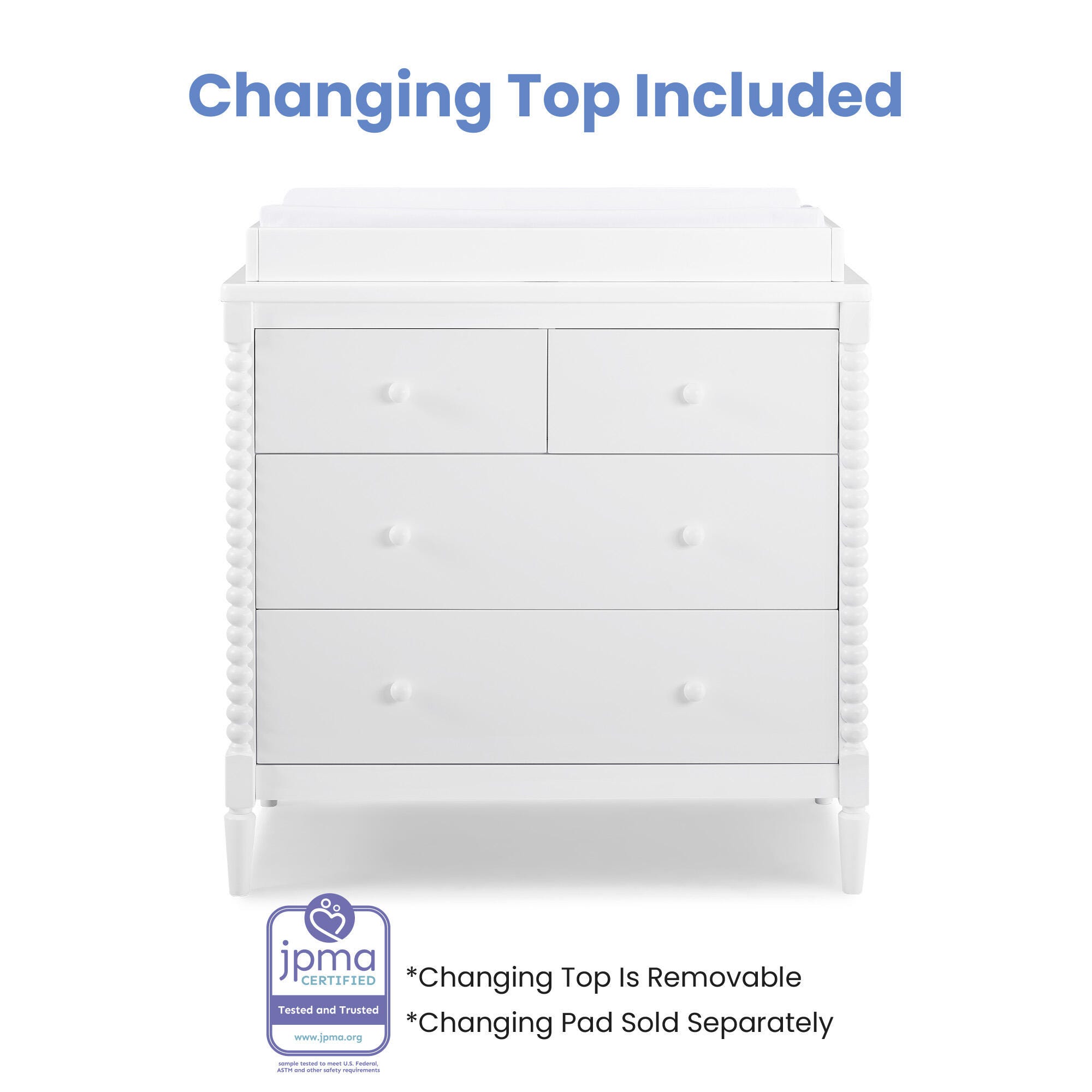 Delta Children Saint 4 Drawer Dresser with Changing Top, Bianca White, large