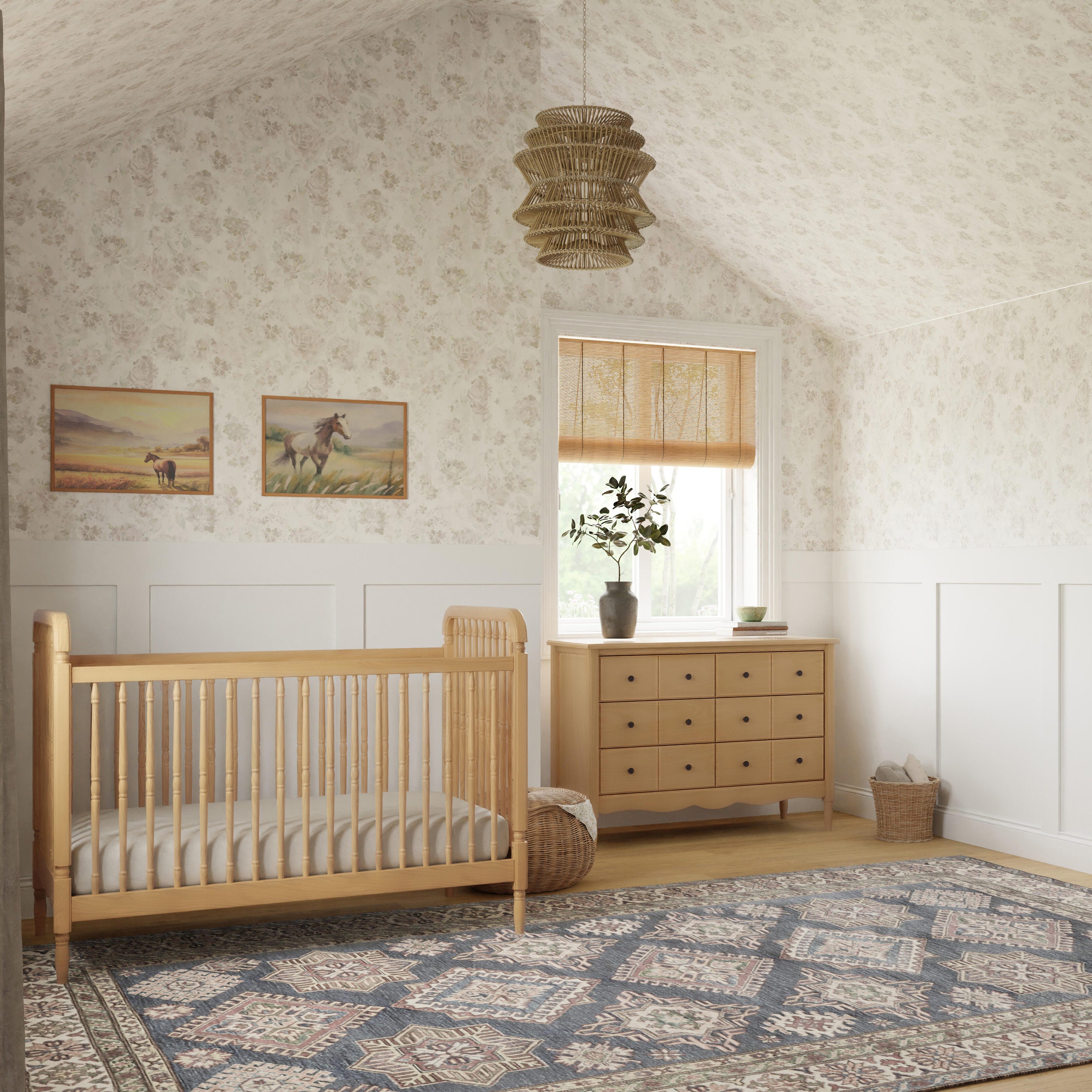 Namesake Liberty 3-in-1 Convertible Spindle Crib with Toddler Bed Conversion Kit, Honey, large
