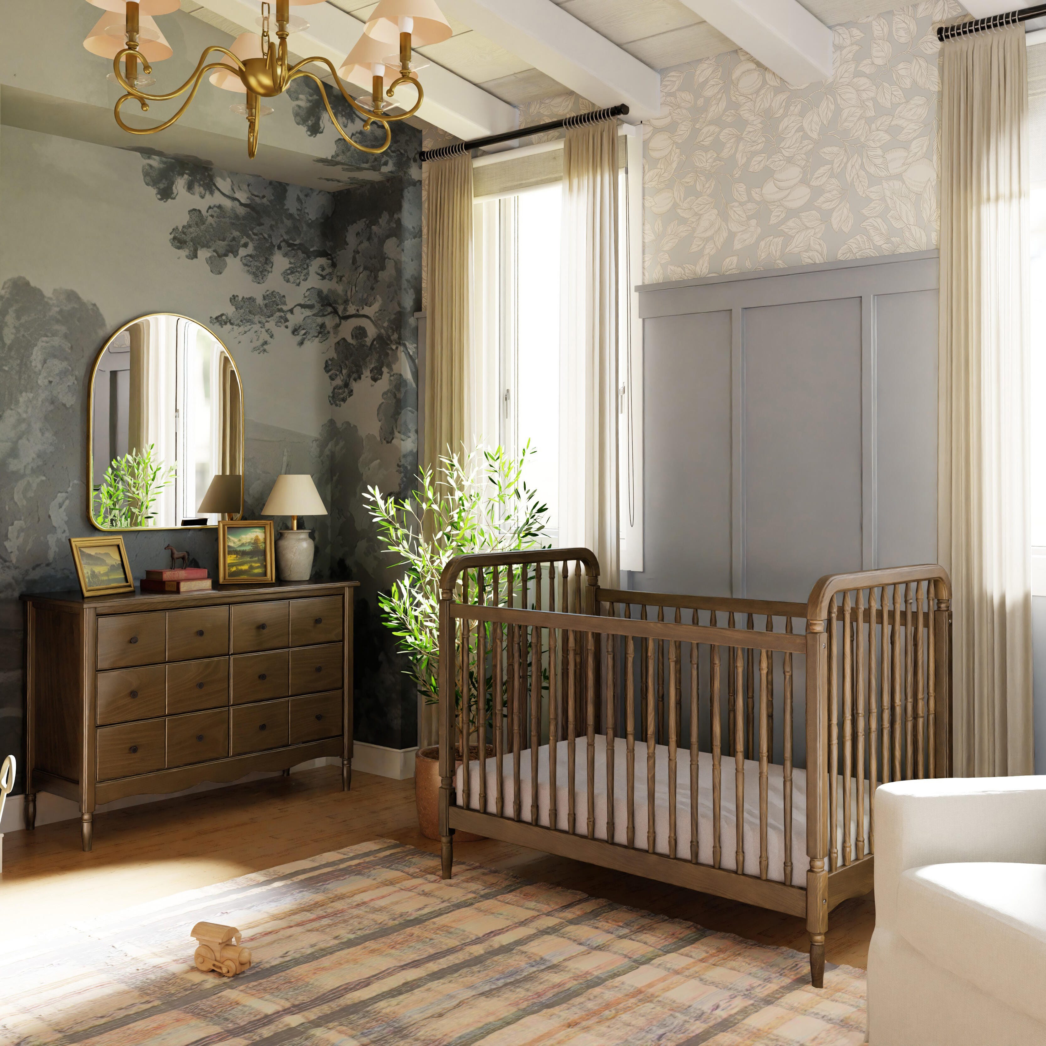 Namesake Liberty 3-in-1 Convertible Spindle Crib with Toddler Bed Conversion Kit, Natural Walnut, large