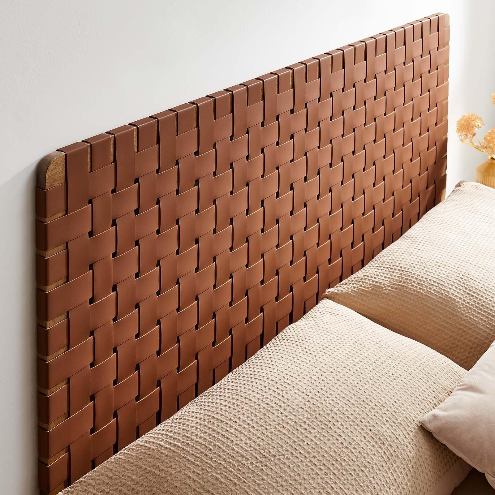 Sparta Weave Wall-Mount Queen Vegan Leather Headboard, Walnut/Brown, large