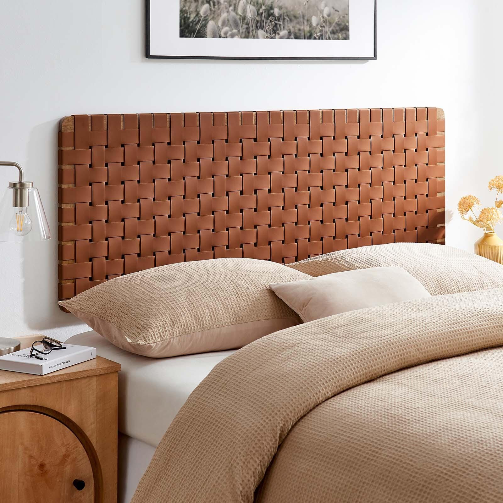 Sparta Weave Wall-Mount Queen Vegan Leather Headboard, Walnut/Brown, large