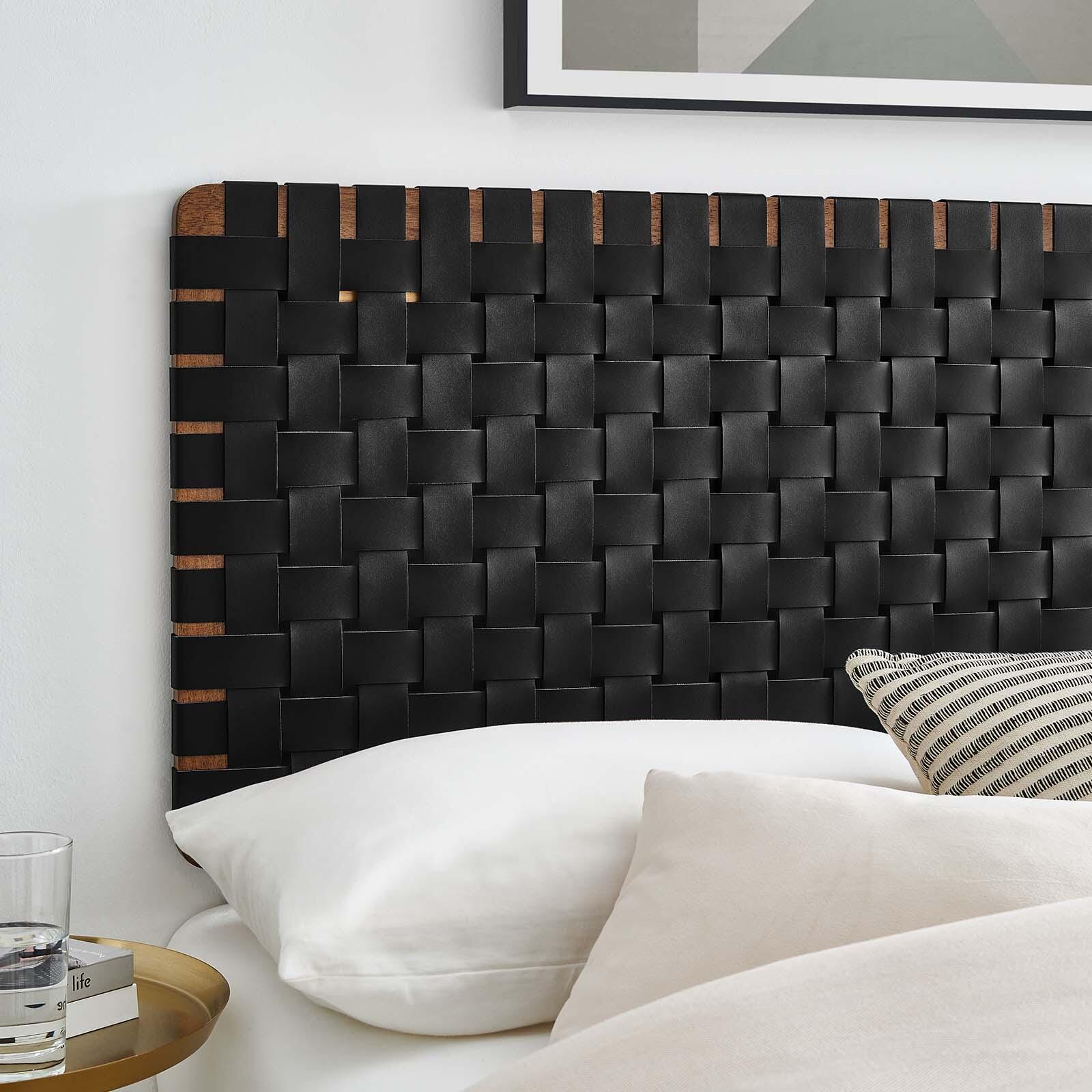 Sparta Weave Wall-Mount Full Vegan Leather Headboard, Walnut/Black, large