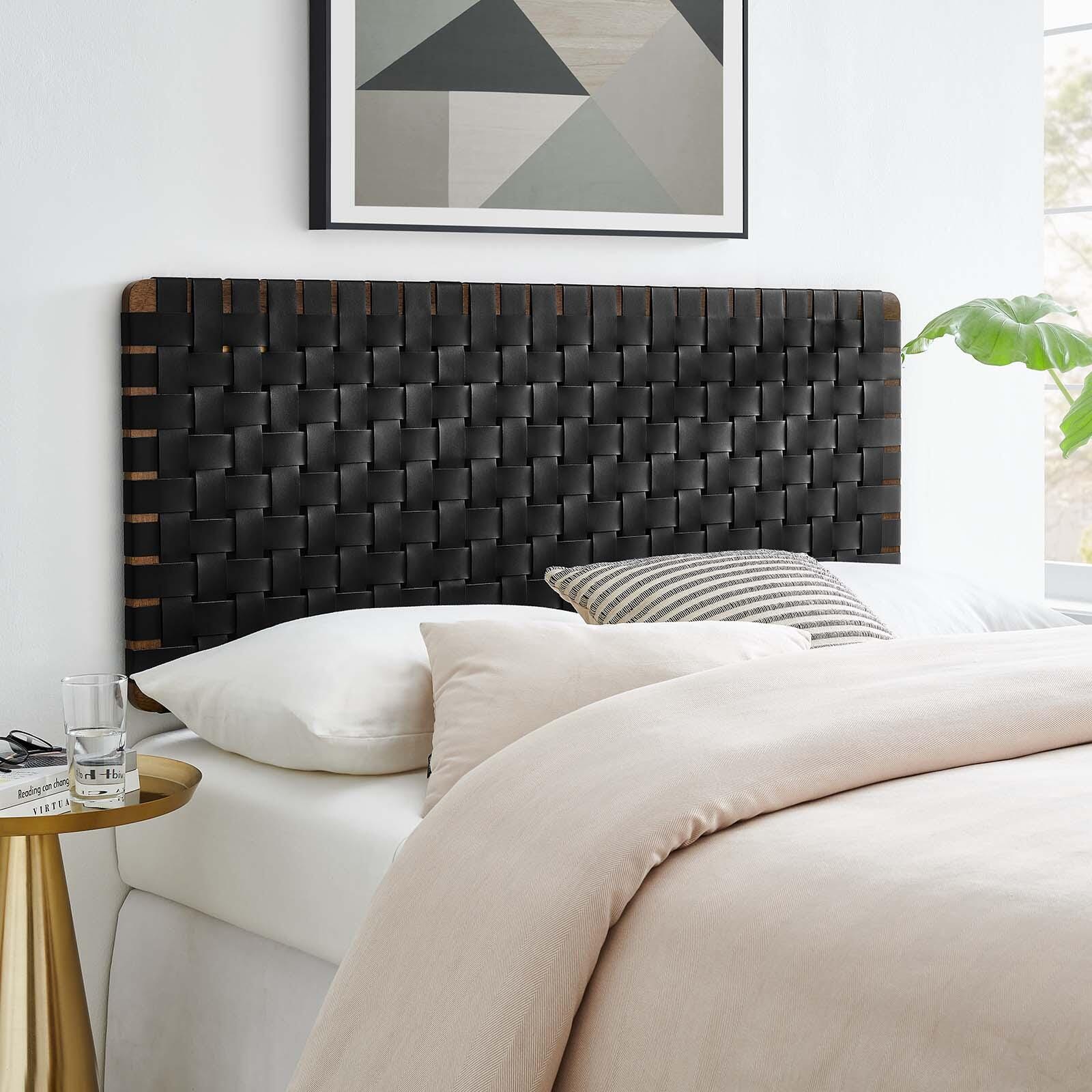 Sparta Weave Wall-Mount Full Vegan Leather Headboard, Walnut/Black, large