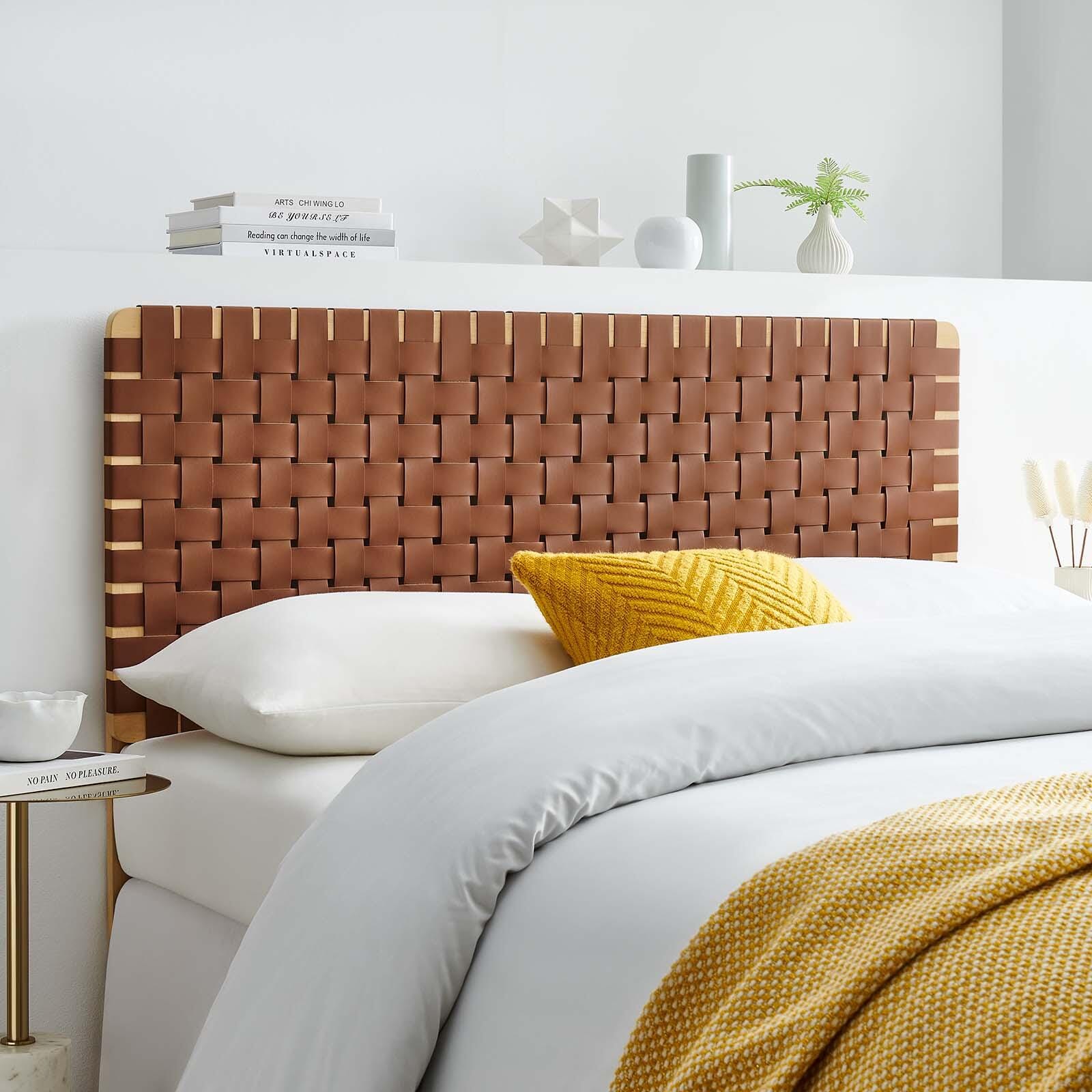 Sparta Weave Full Vegan Leather Headboard, Natural/Brown, large