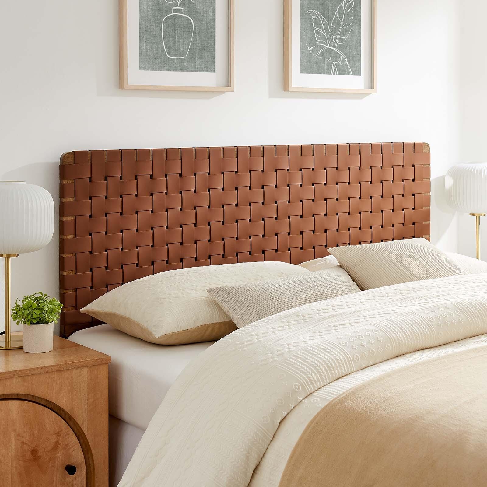 Sparta Weave Queen Vegan Leather Headboard, Walnut/Brown, large