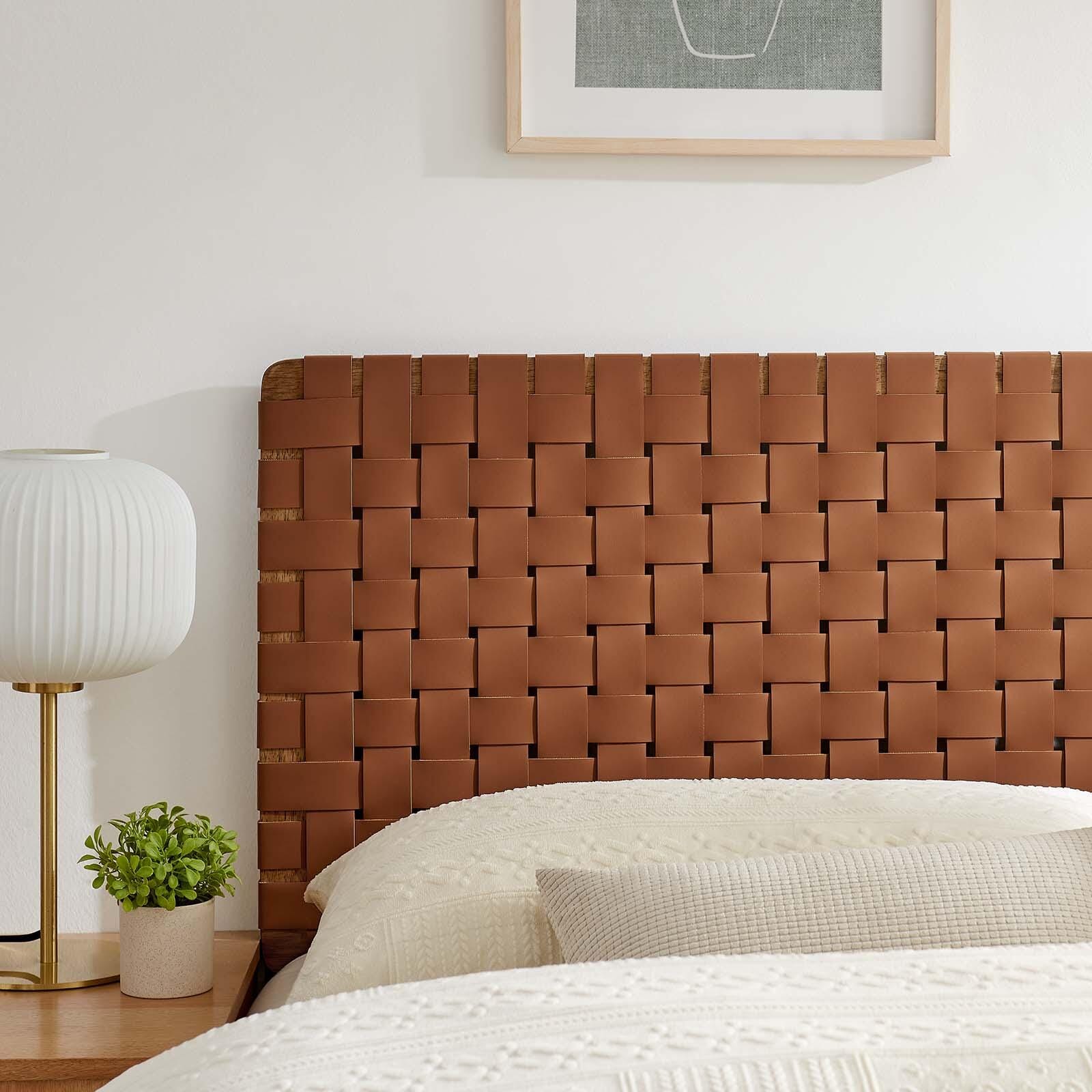Sparta Weave Queen Vegan Leather Headboard, Walnut/Brown, large