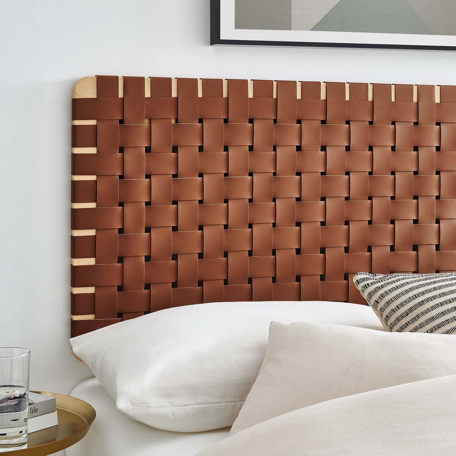 Sparta Weave Wall-Mount Full Vegan Leather Headboard, Natural/Brown, large