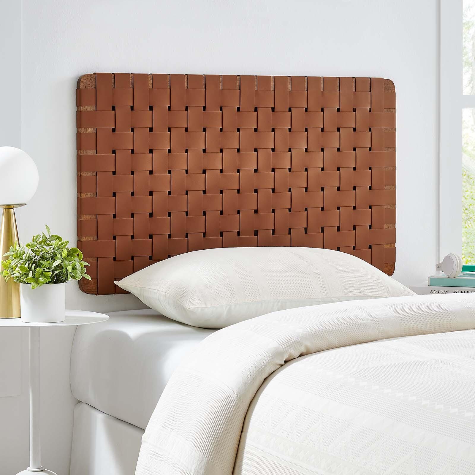 Sparta Weave Wall-Mount Twin Vegan Leather Headboard, Walnut/Brown, large