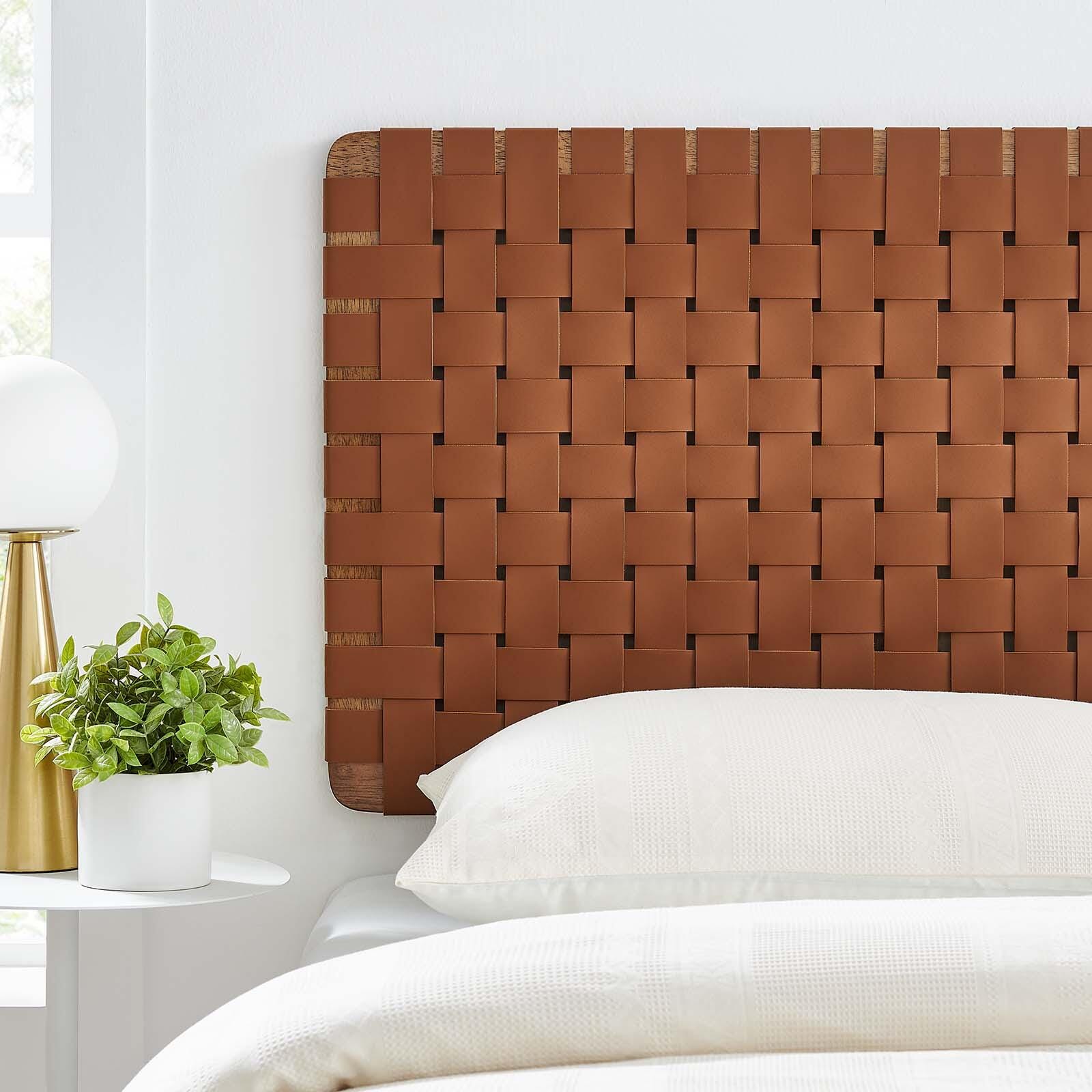 Sparta Weave Wall-Mount Twin Vegan Leather Headboard, Walnut/Brown, large