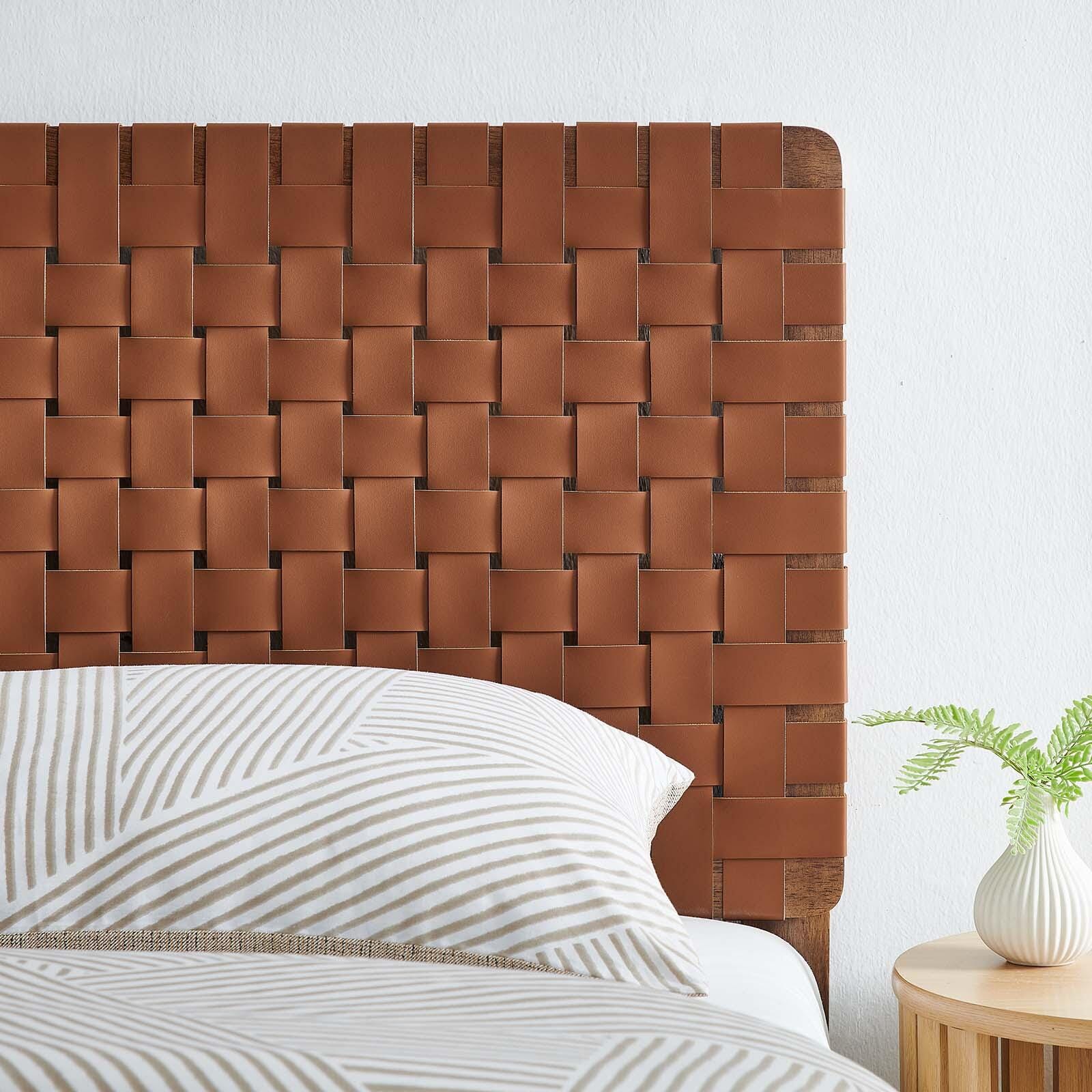 Sparta Weave Twin Vegan Leather Headboard, Walnut/Brown, large