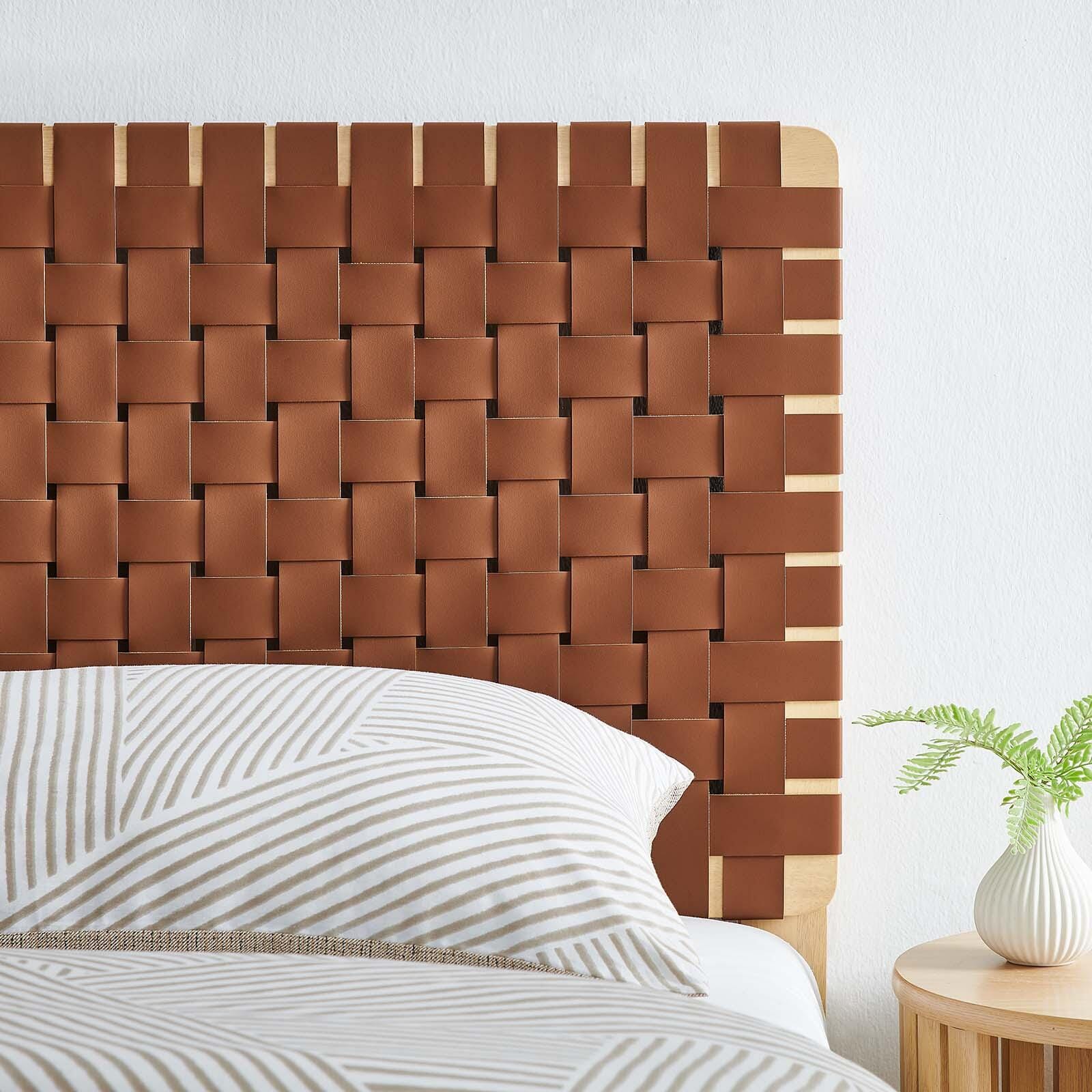 Sparta Weave Twin Vegan Leather Headboard, Natural/Brown, large