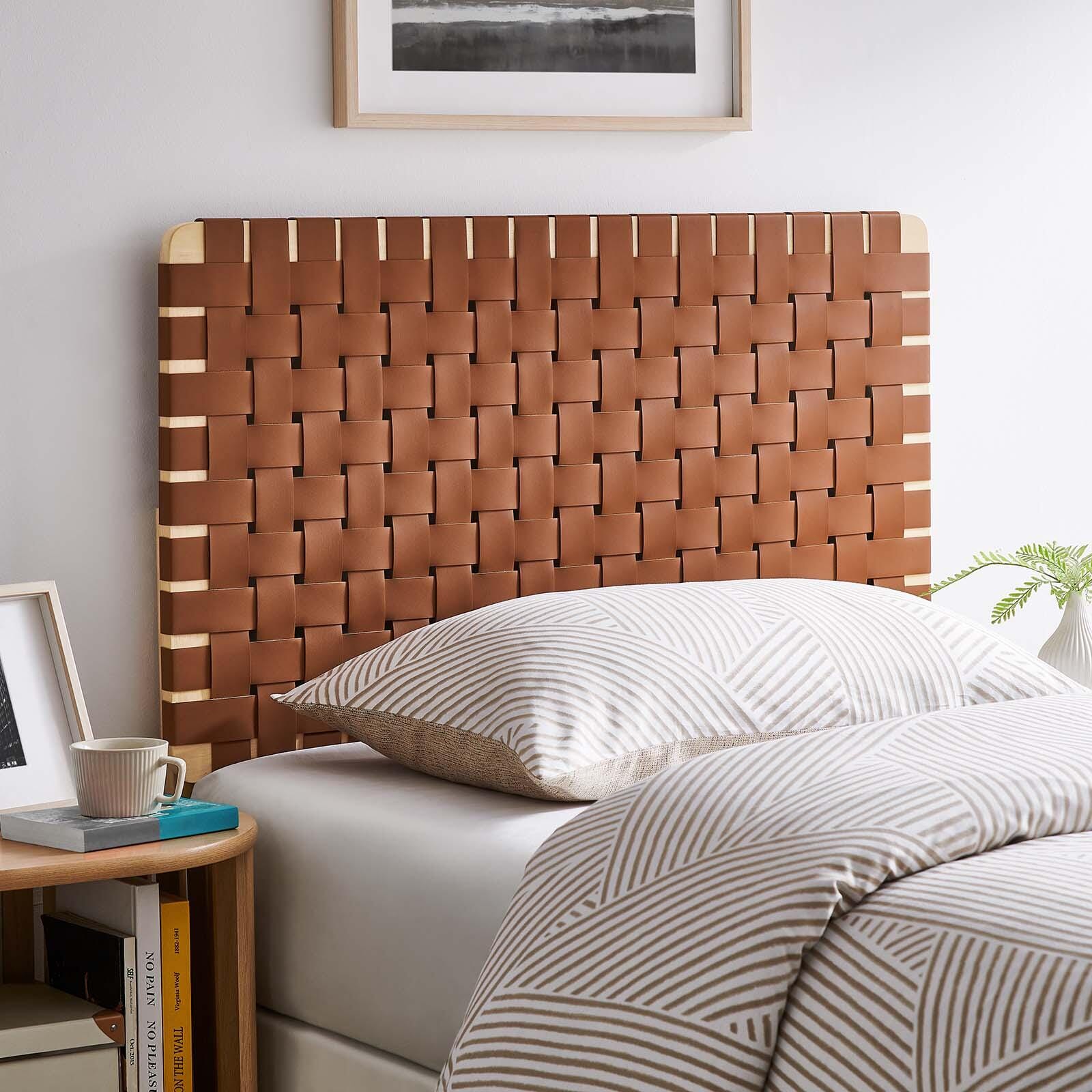 Sparta Weave Twin Vegan Leather Headboard, Natural/Brown, large