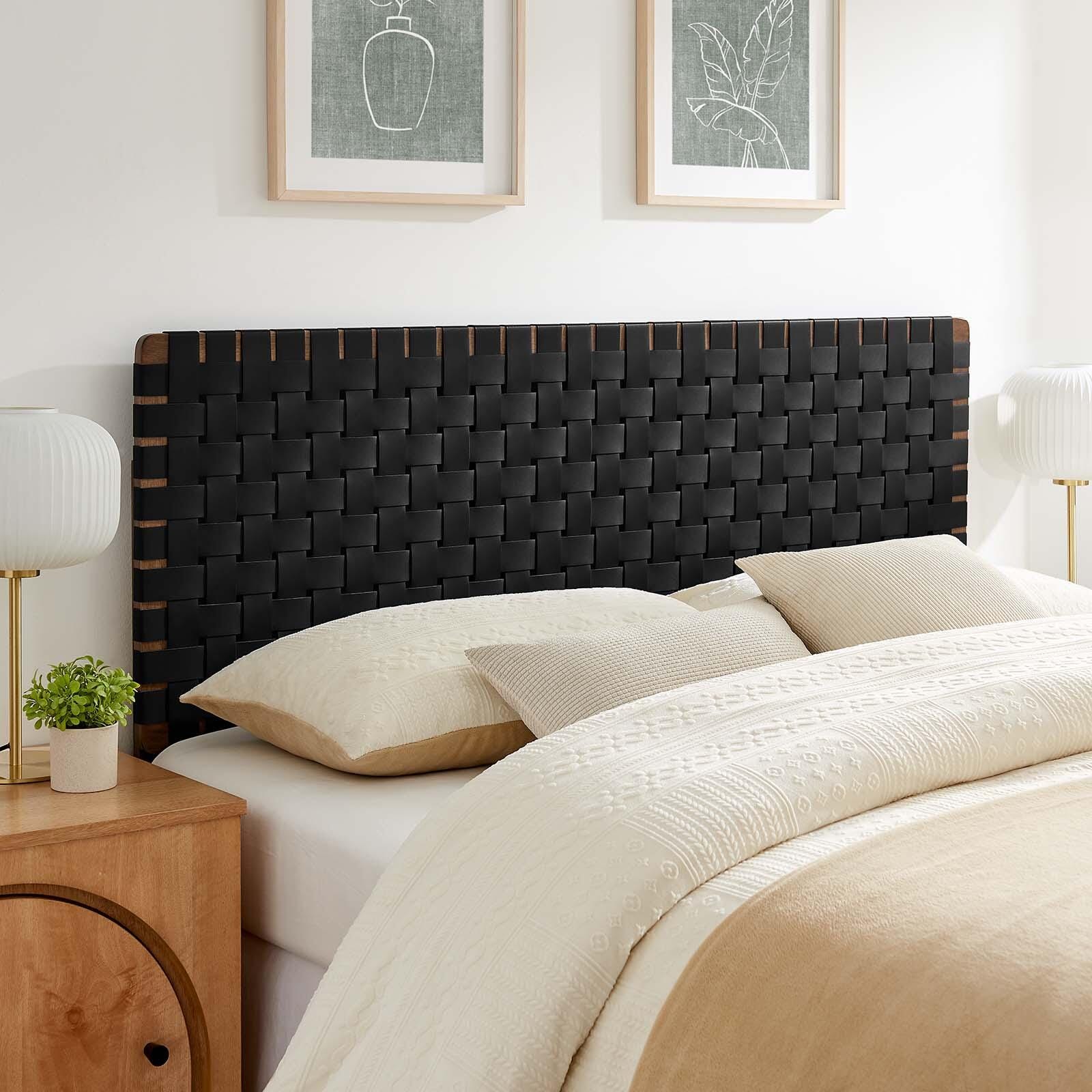 Sparta Weave Queen Vegan Leather Headboard, Walnut/Black, large