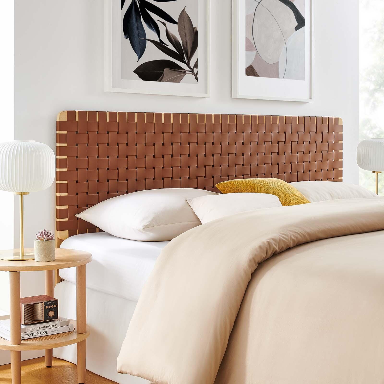 Sparta Weave King Vegan Leather Headboard, Natural/Brown, large