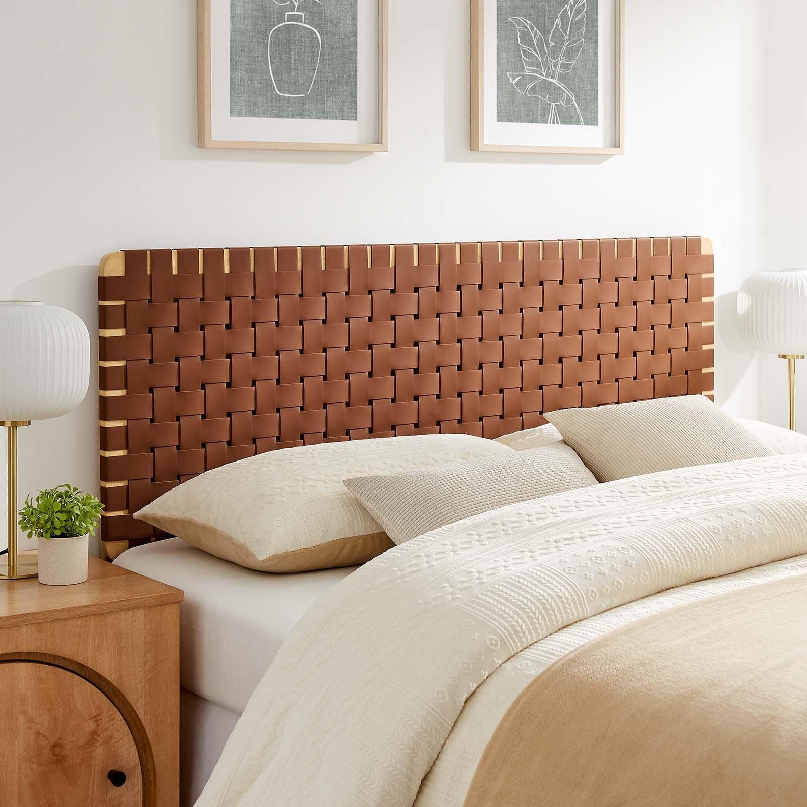 Sparta Weave Queen Vegan Leather Headboard, Natural/Brown, large