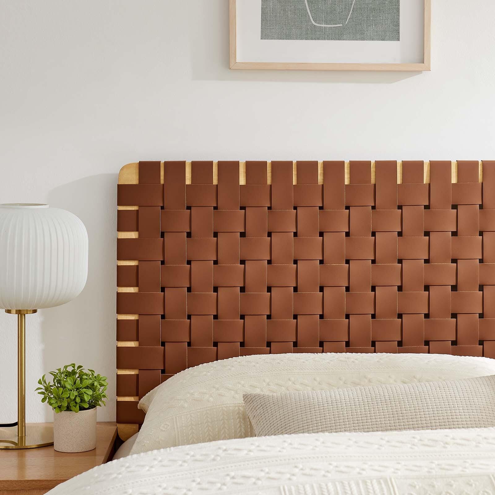 Sparta Weave Queen Vegan Leather Headboard, Natural/Brown, large