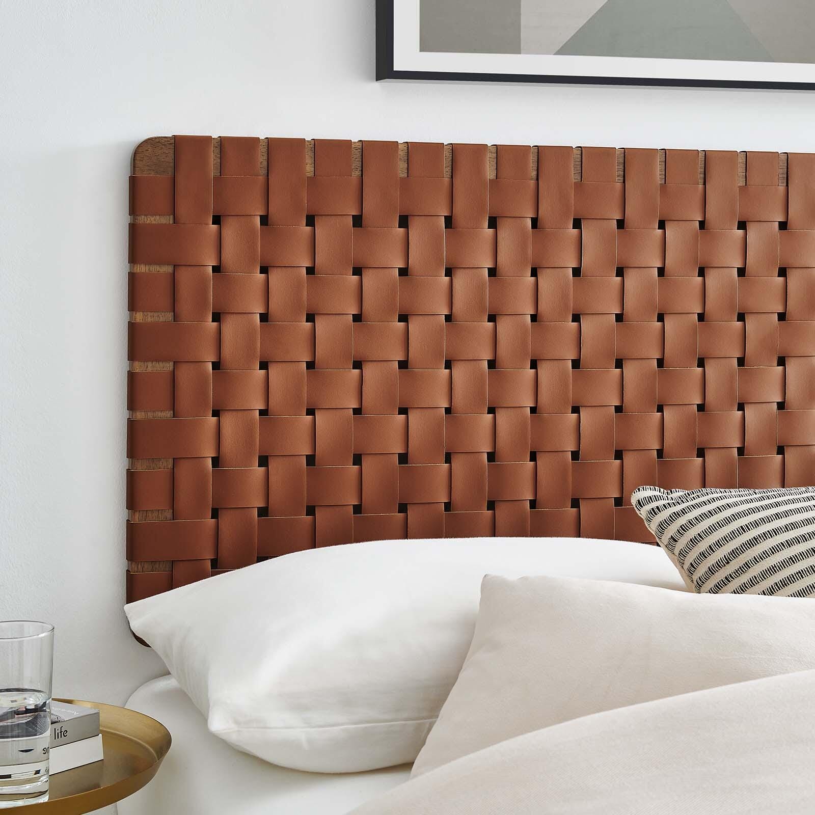 Sparta Weave Wall-Mount Full Vegan Leather Headboard, Walnut/Brown, large