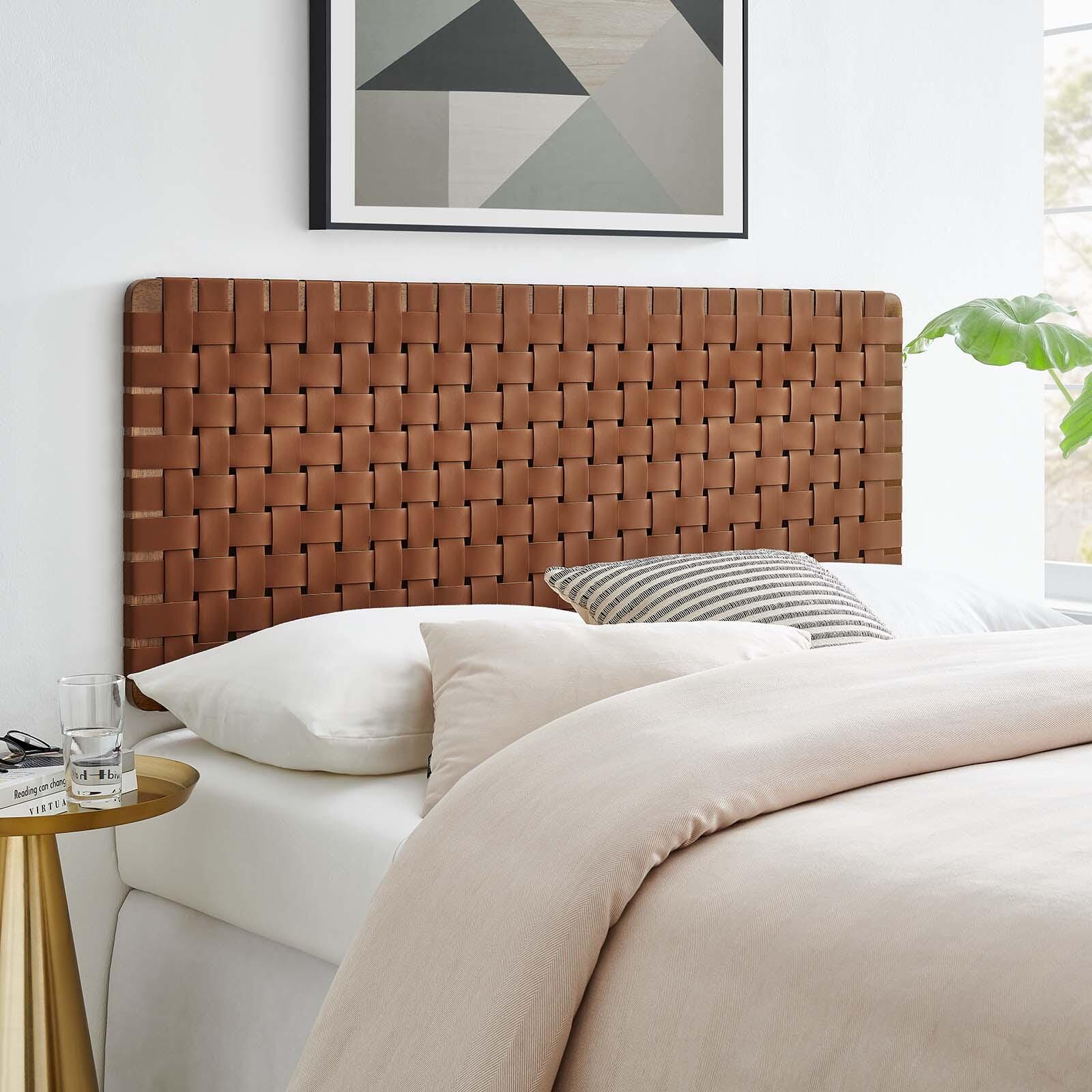 Sparta Weave Wall-Mount Full Vegan Leather Headboard, Walnut/Brown, large