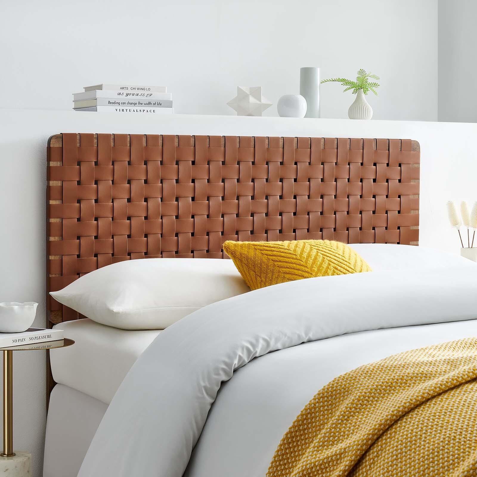 Sparta Weave Full Vegan Leather Headboard, Walnut/Brown, large