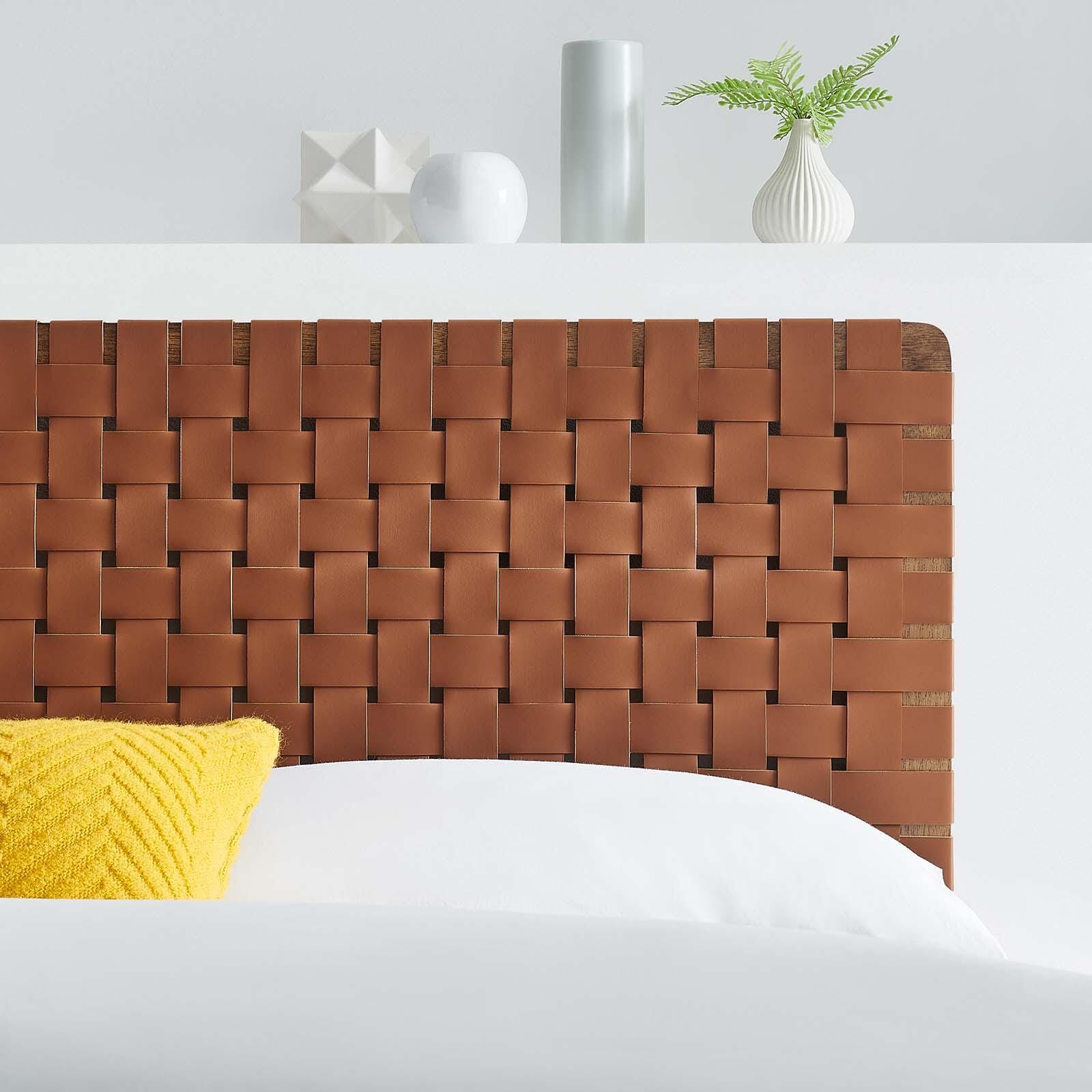 Sparta Weave Full Vegan Leather Headboard, Walnut/Brown, large