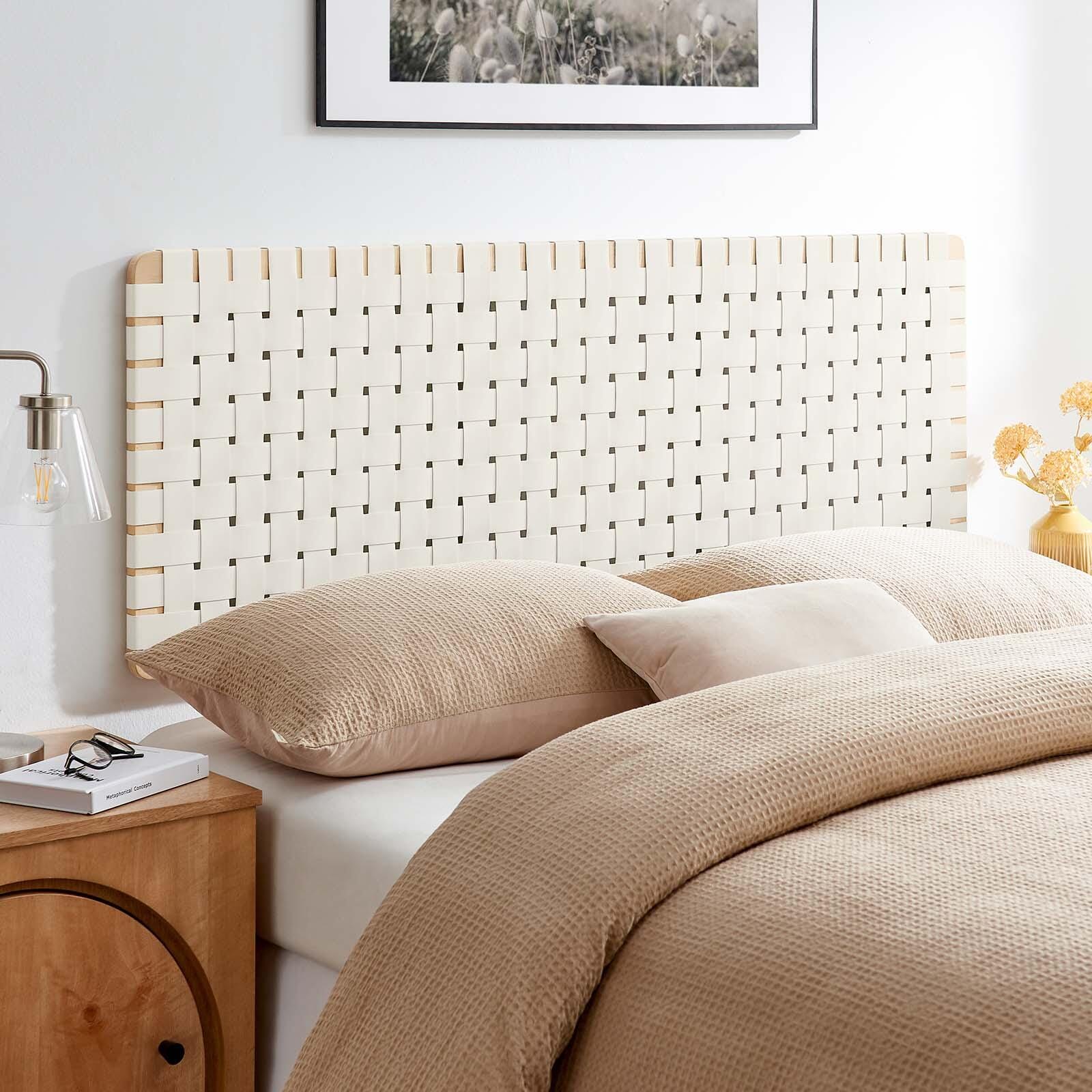 Sparta Weave Wall-Mount Queen Vegan Leather Headboard, Natural/Beige, large