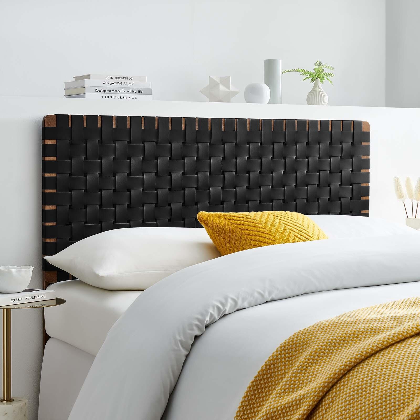 Sparta Weave Full Vegan Leather Headboard, Walnut/Black, large