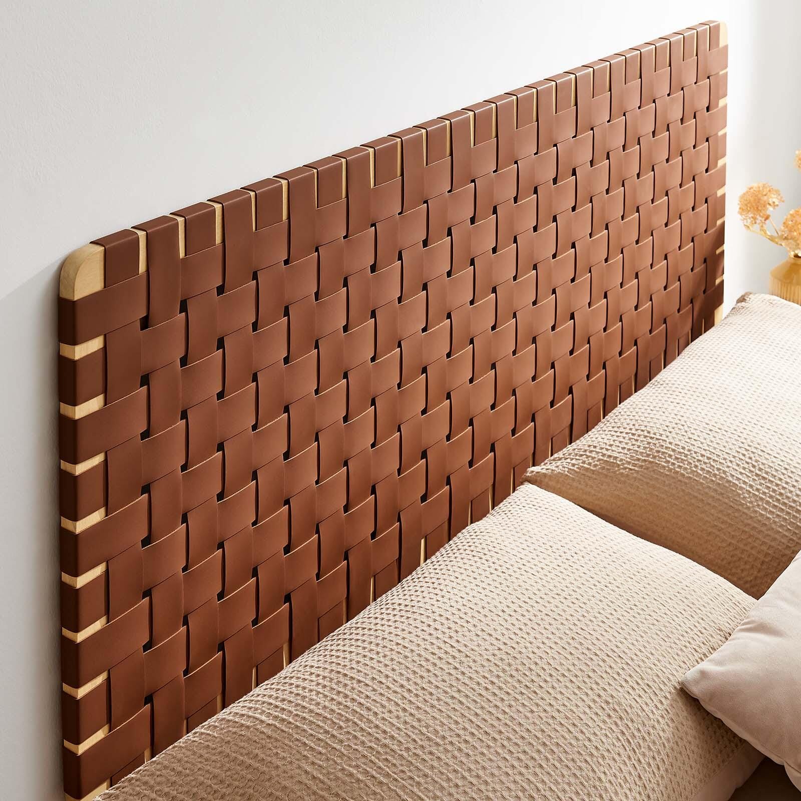 Sparta Weave Wall-Mount Queen Vegan Leather Headboard, Natural/Brown, large