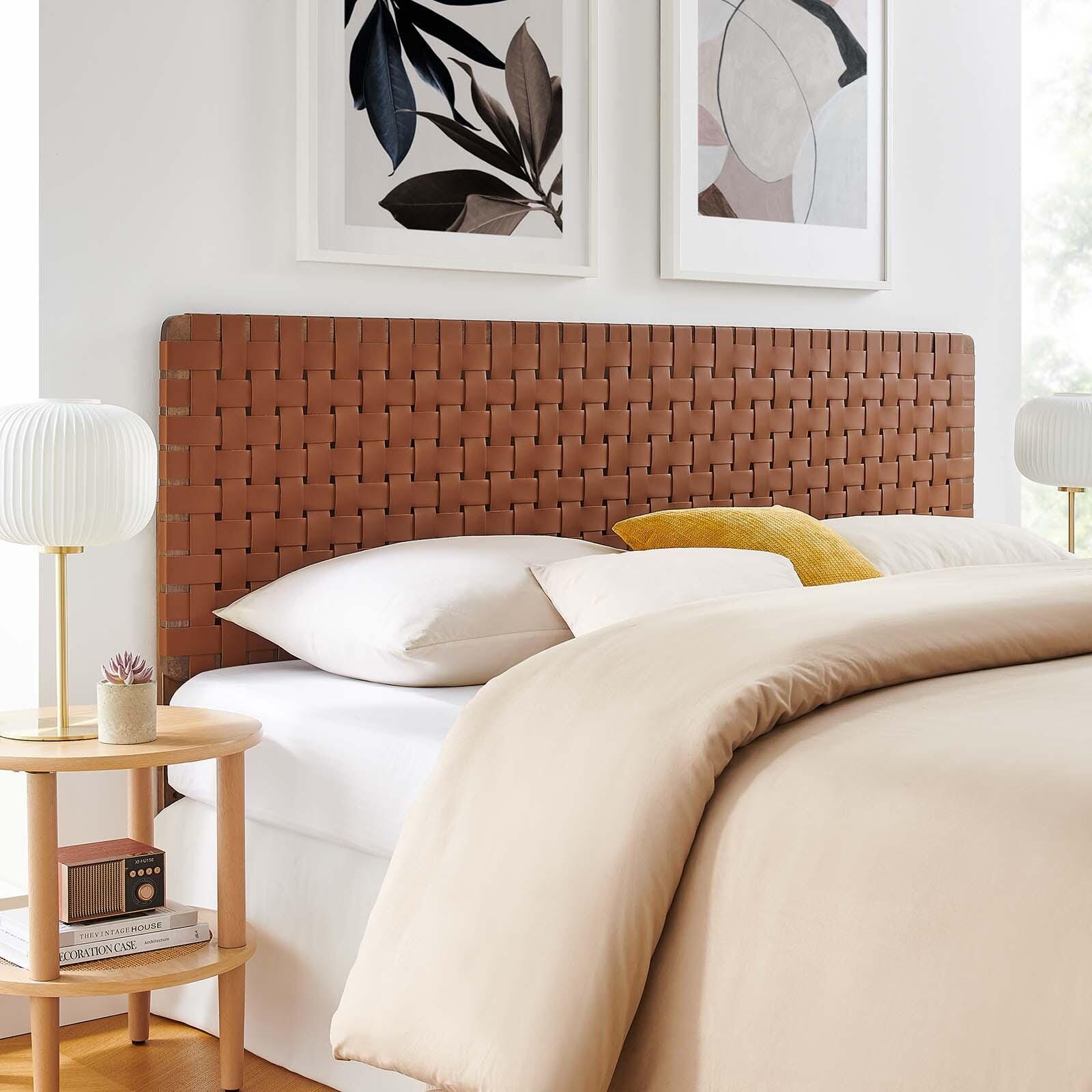 Sparta Weave King Vegan Leather Headboard, Walnut/Brown, large