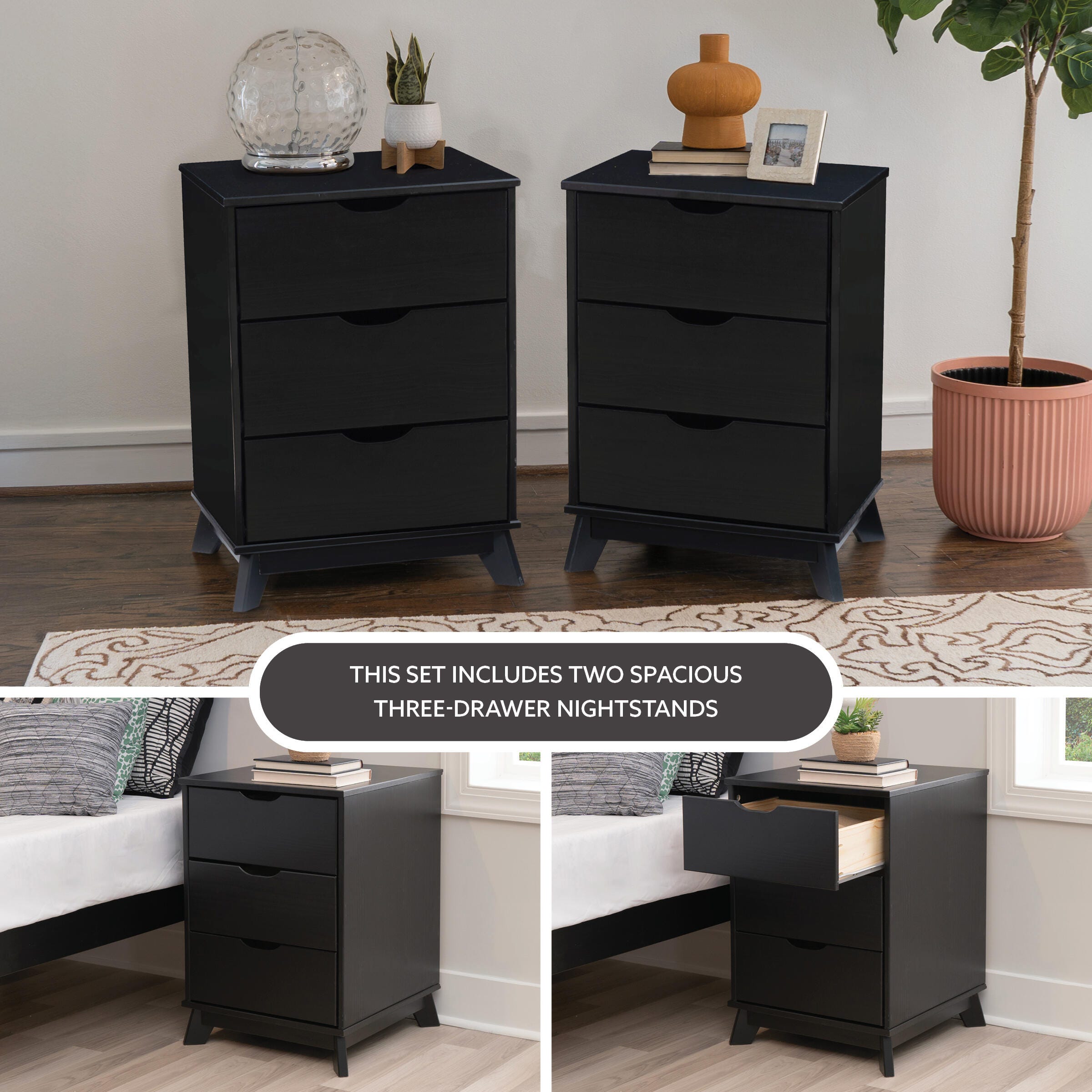 Linon Pierce Nightstand Set of 2, Black, large
