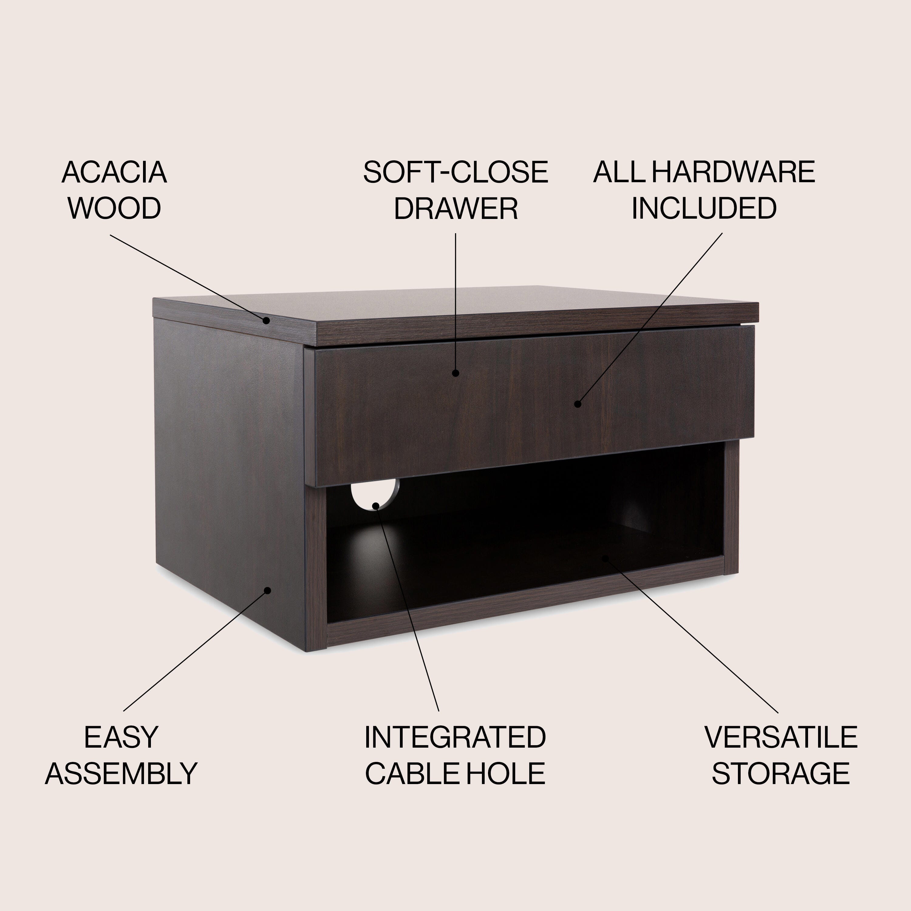 JONATHAN Y Ettore 15" Floating 1 Drawer Nighstand, Black, large