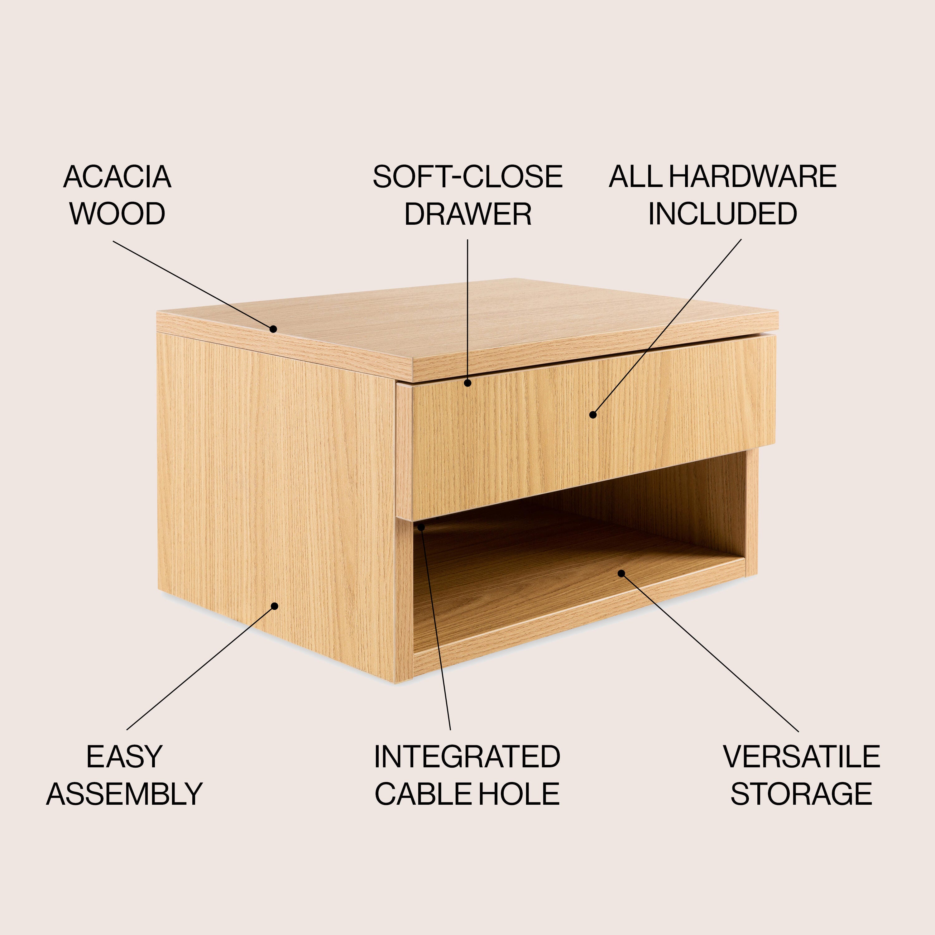 JONATHAN Y Ettore 15" Floating 1 Drawer Nighstand, Light Oak, large