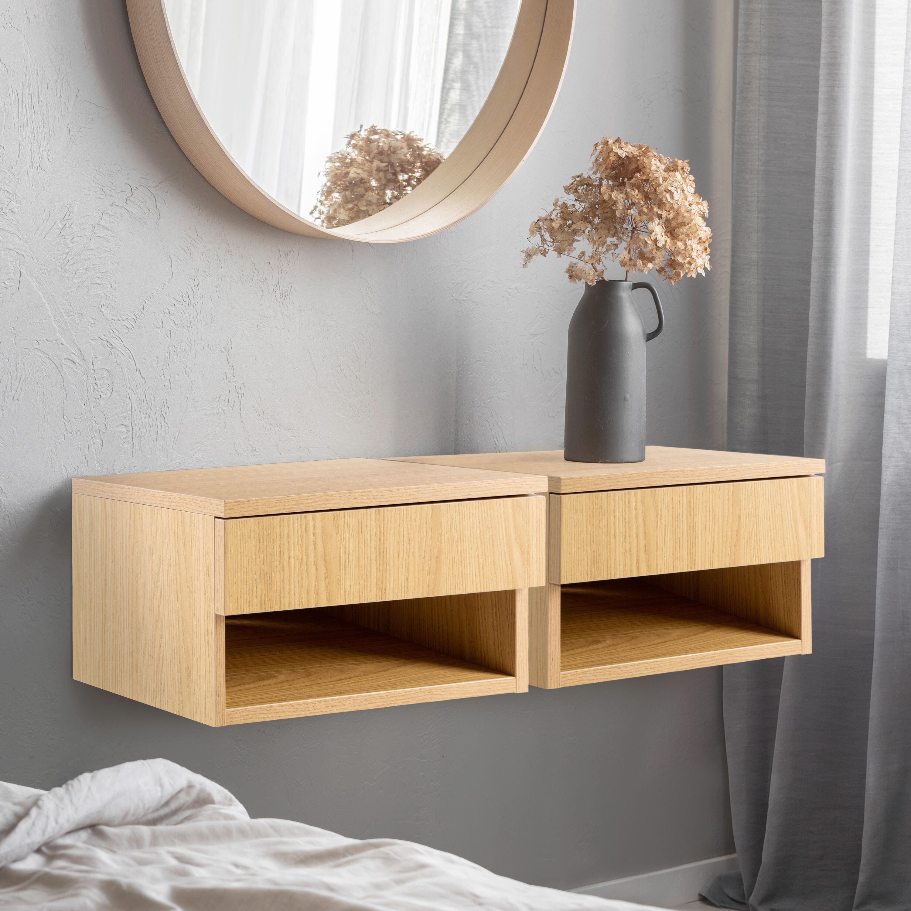 JONATHAN Y Ettore 15" Floating 1 Drawer Nighstand, Light Oak, large