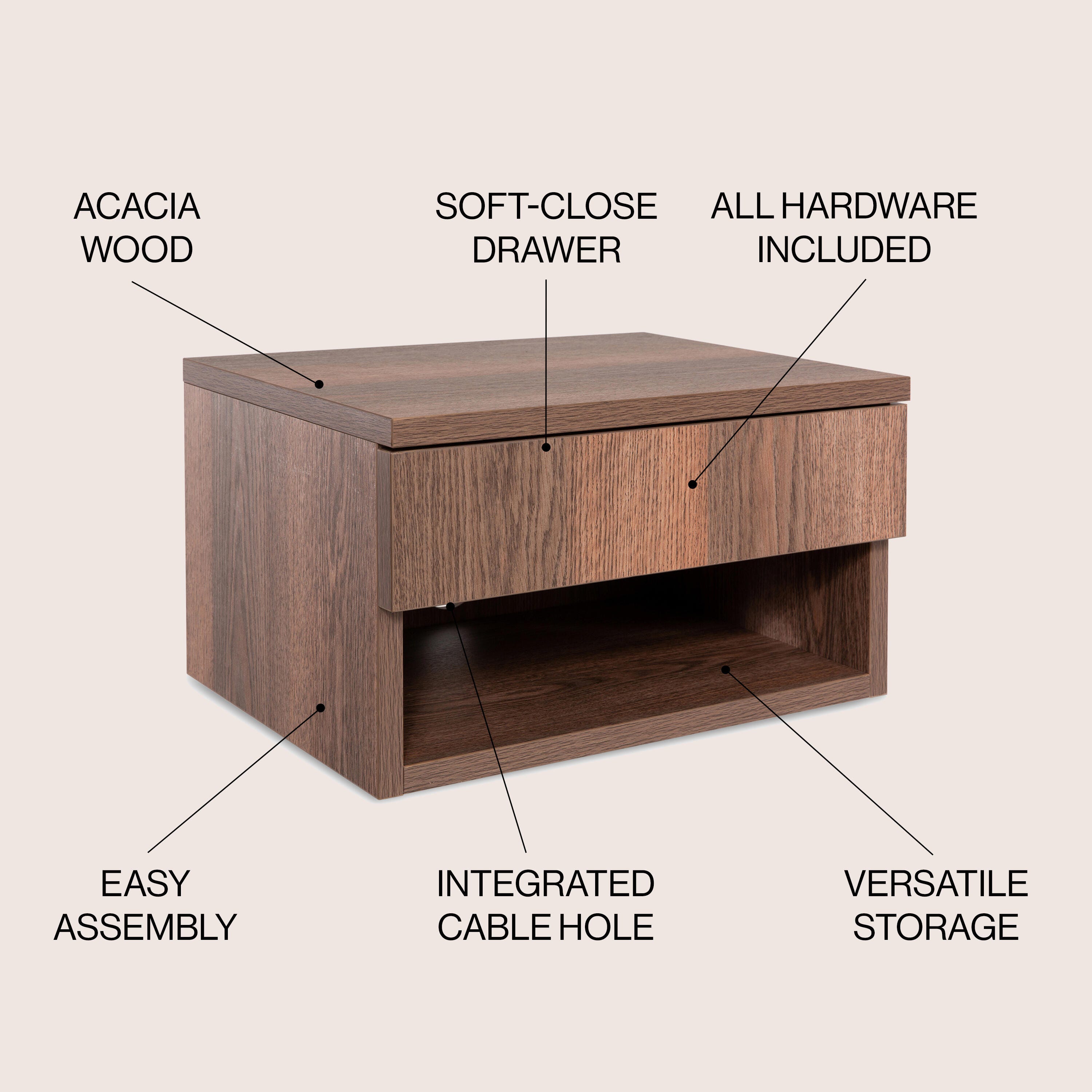 JONATHAN Y Ettore 15" Floating 1 Drawer Nighstand, Dark Brown, large