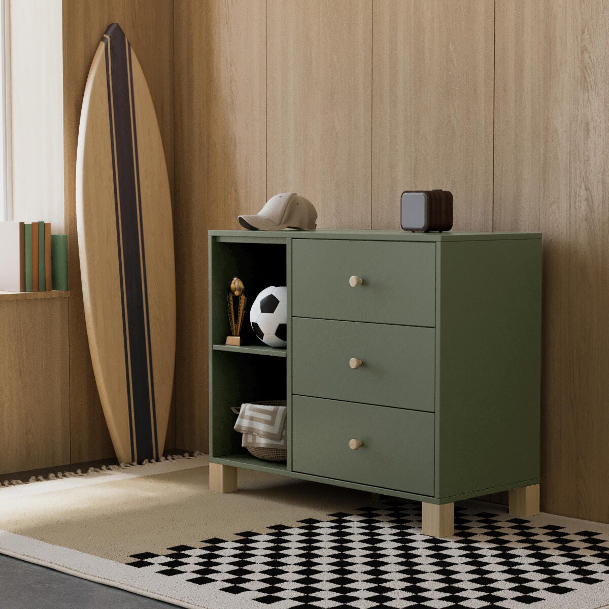 Storkcraft California 3 Drawer Combo Dresser, Olive/Driftwood, large