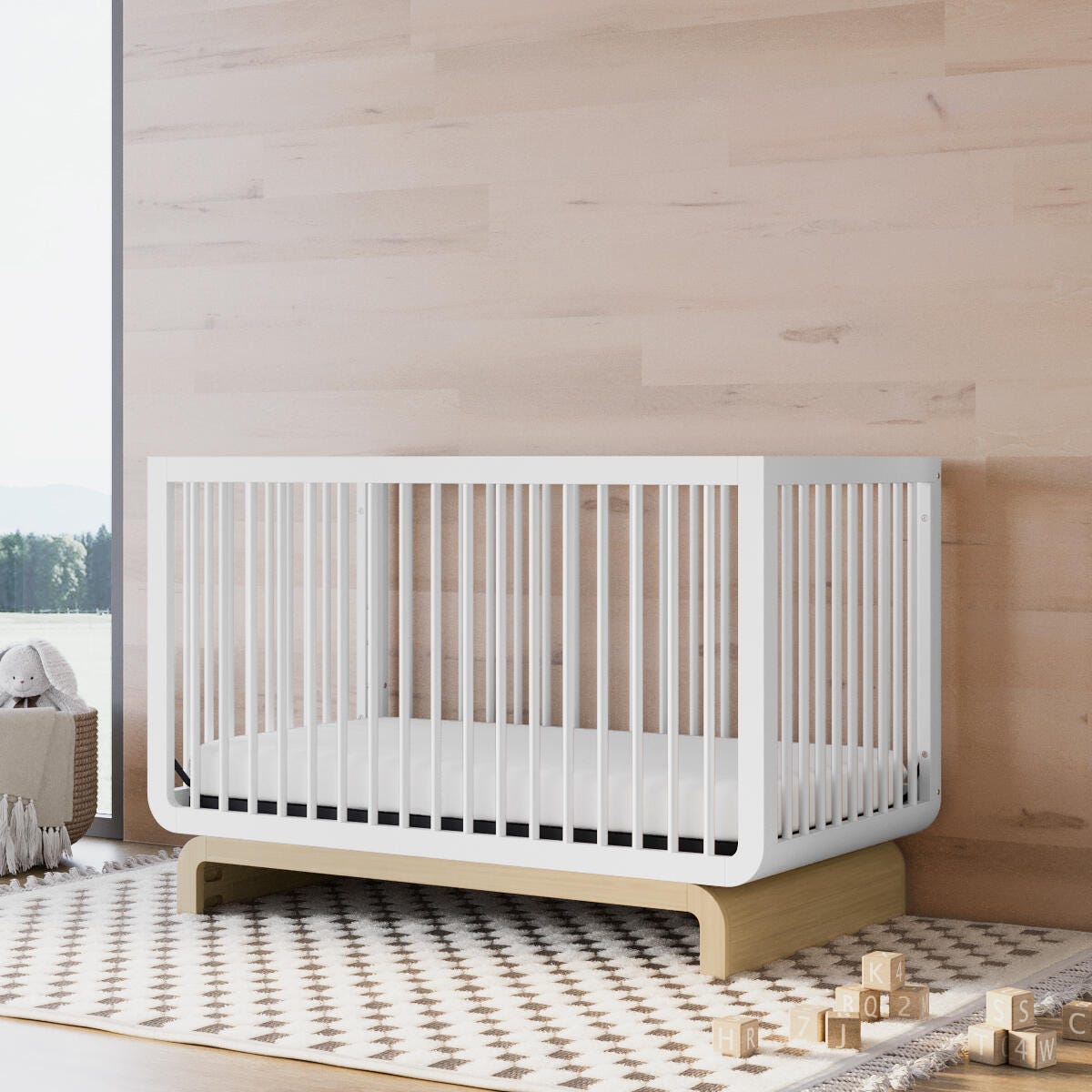 Storkcraft Santorini 5-in-1 Convertible Crib with Guardrail, White/Driftwood, large