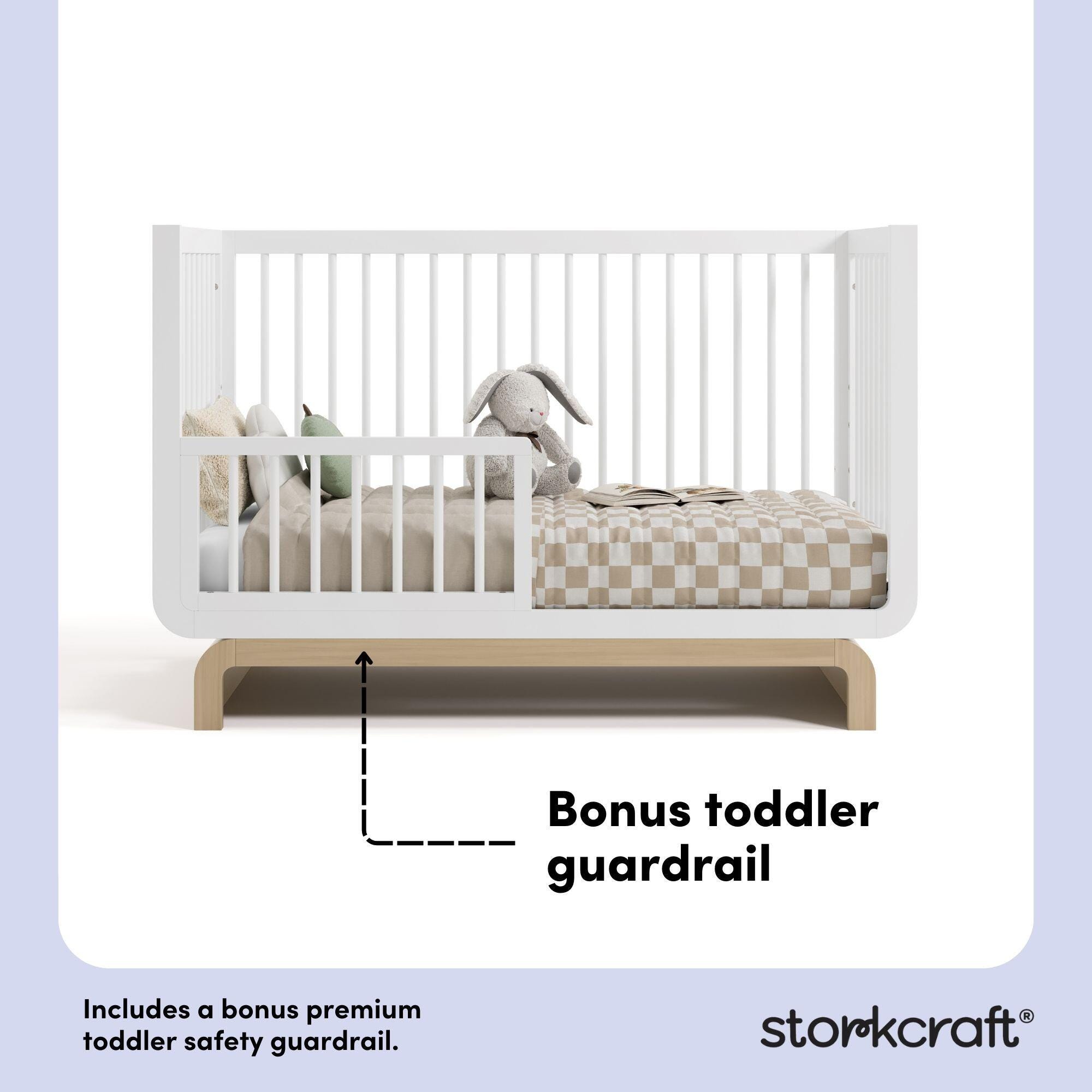 Storkcraft Santorini 5-in-1 Convertible Crib with Guardrail, White/Driftwood, large