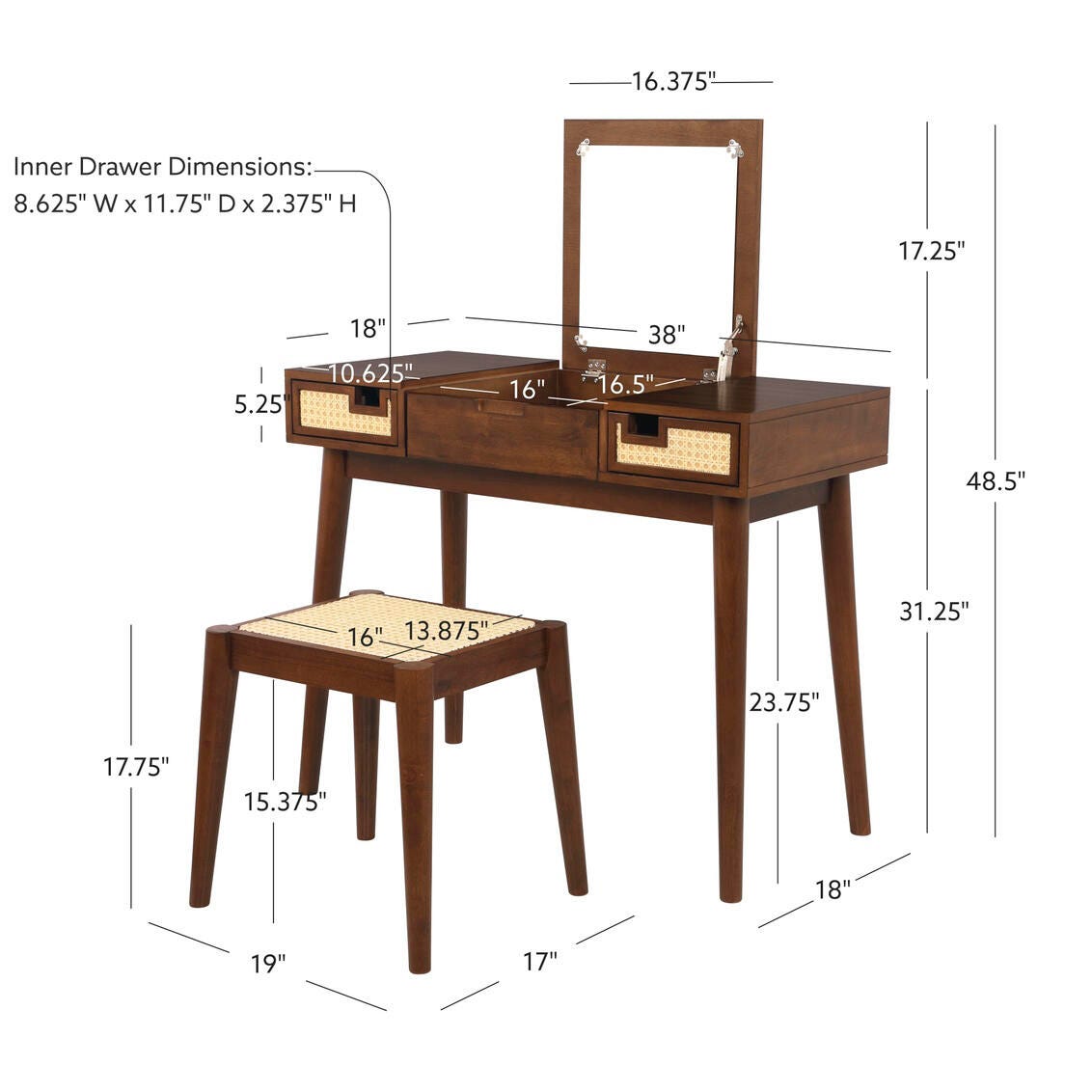 Linon Carson Cane Front Vanity Set with stool, , large