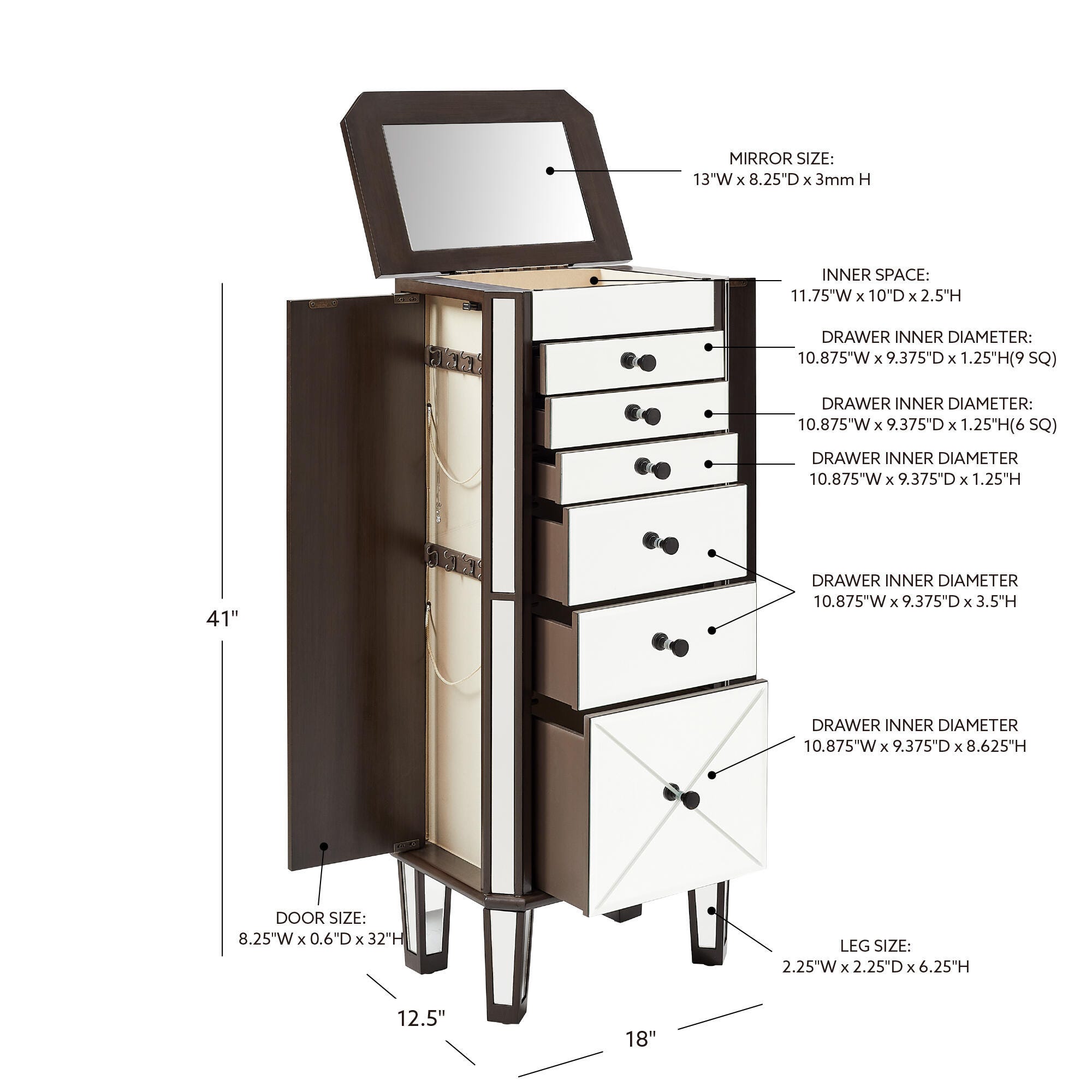 Linon Kara Jewelry 6 Drawer Armoire, , large