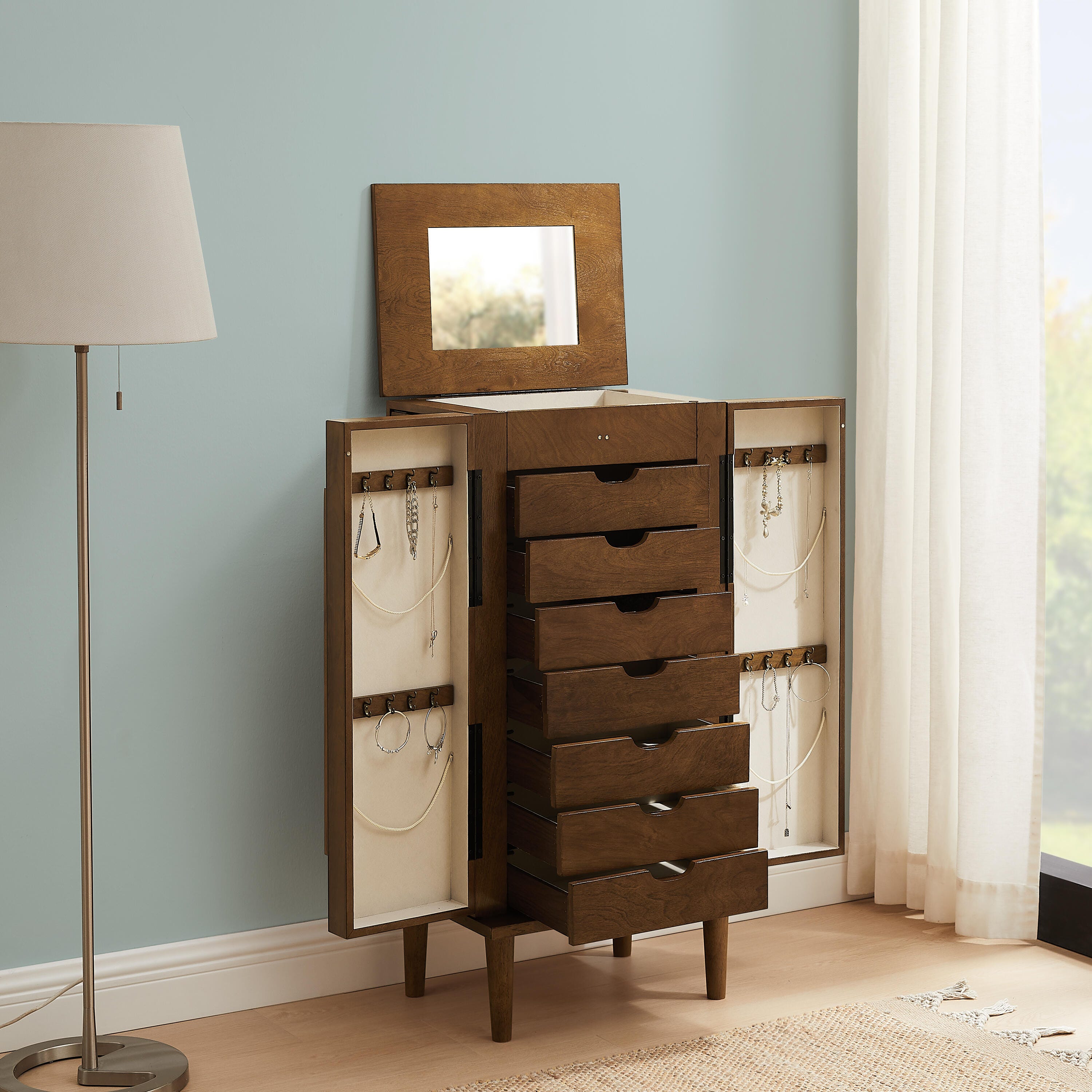 Linon Mina Jewelry 7 Drawer Armoire, Walnut, large