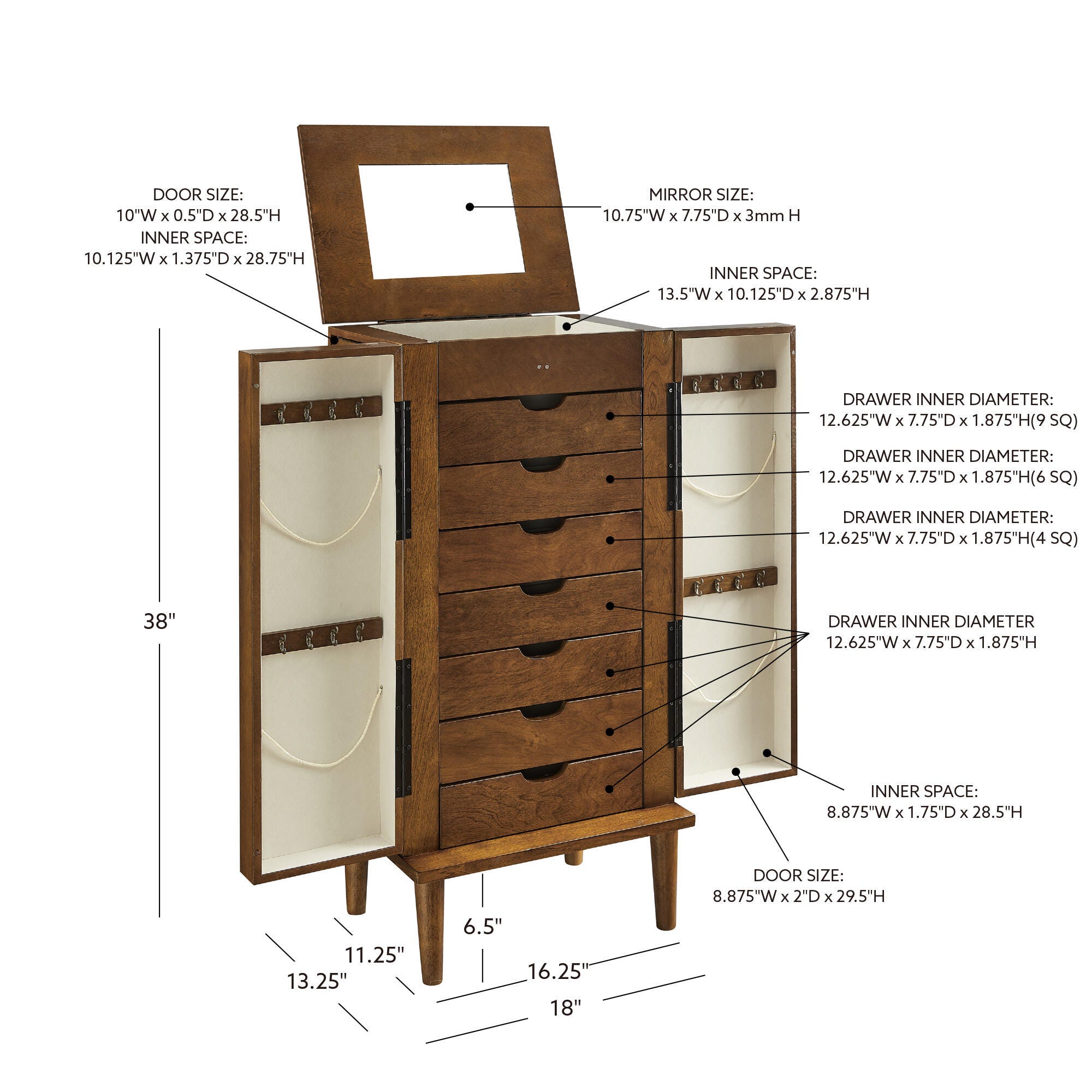 Linon Mina Jewelry 7 Drawer Armoire, Walnut, large