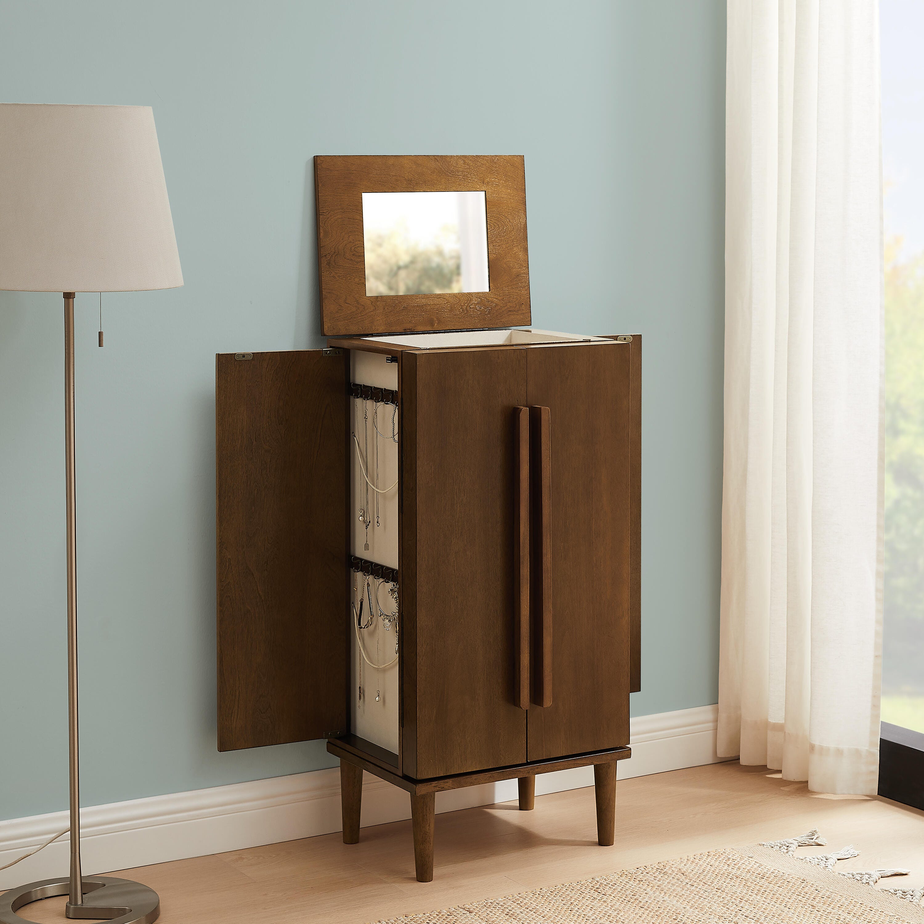 Linon Mina Jewelry 7 Drawer Armoire, Walnut, large