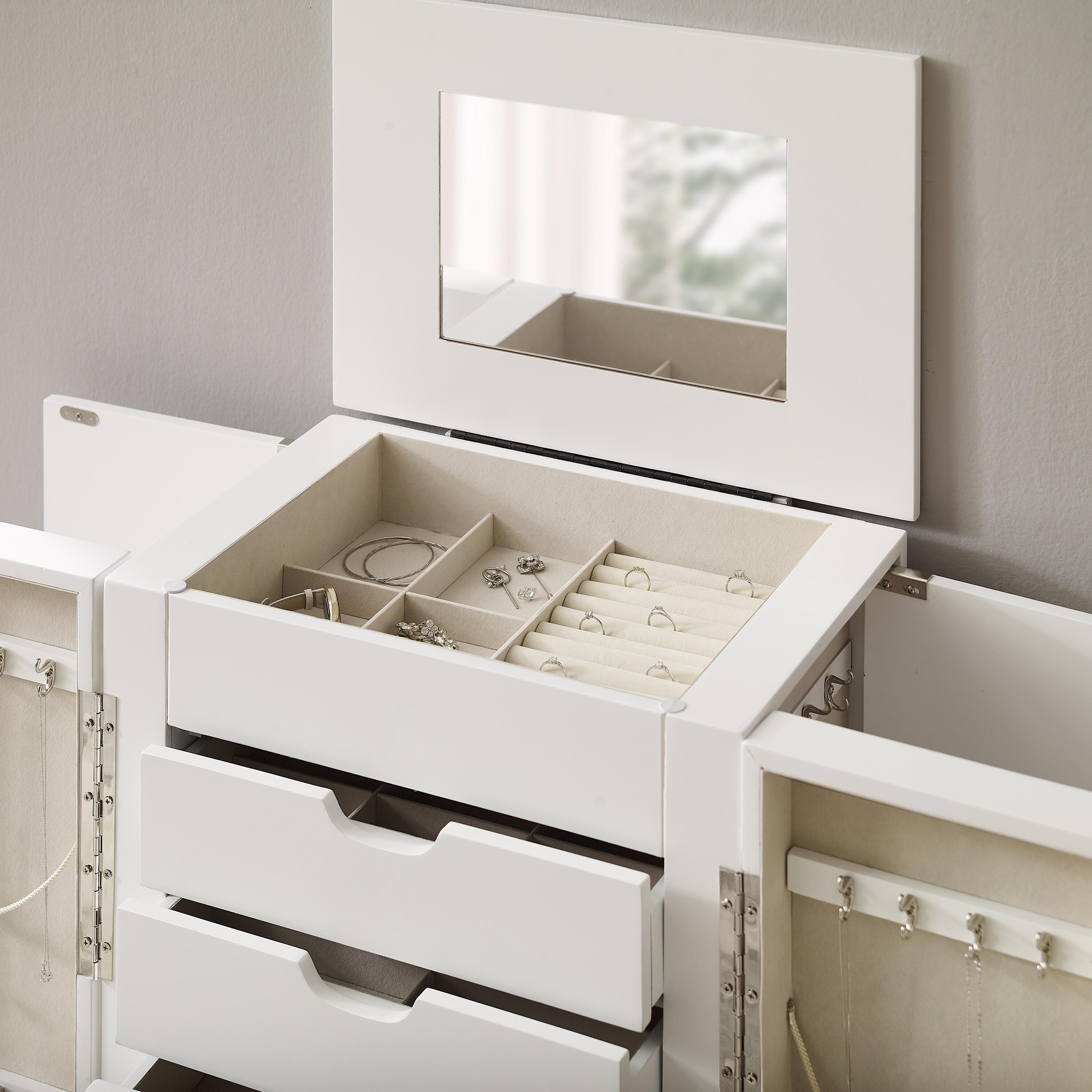 Linon Mina Jewelry 7 Drawer Armoire, White, large