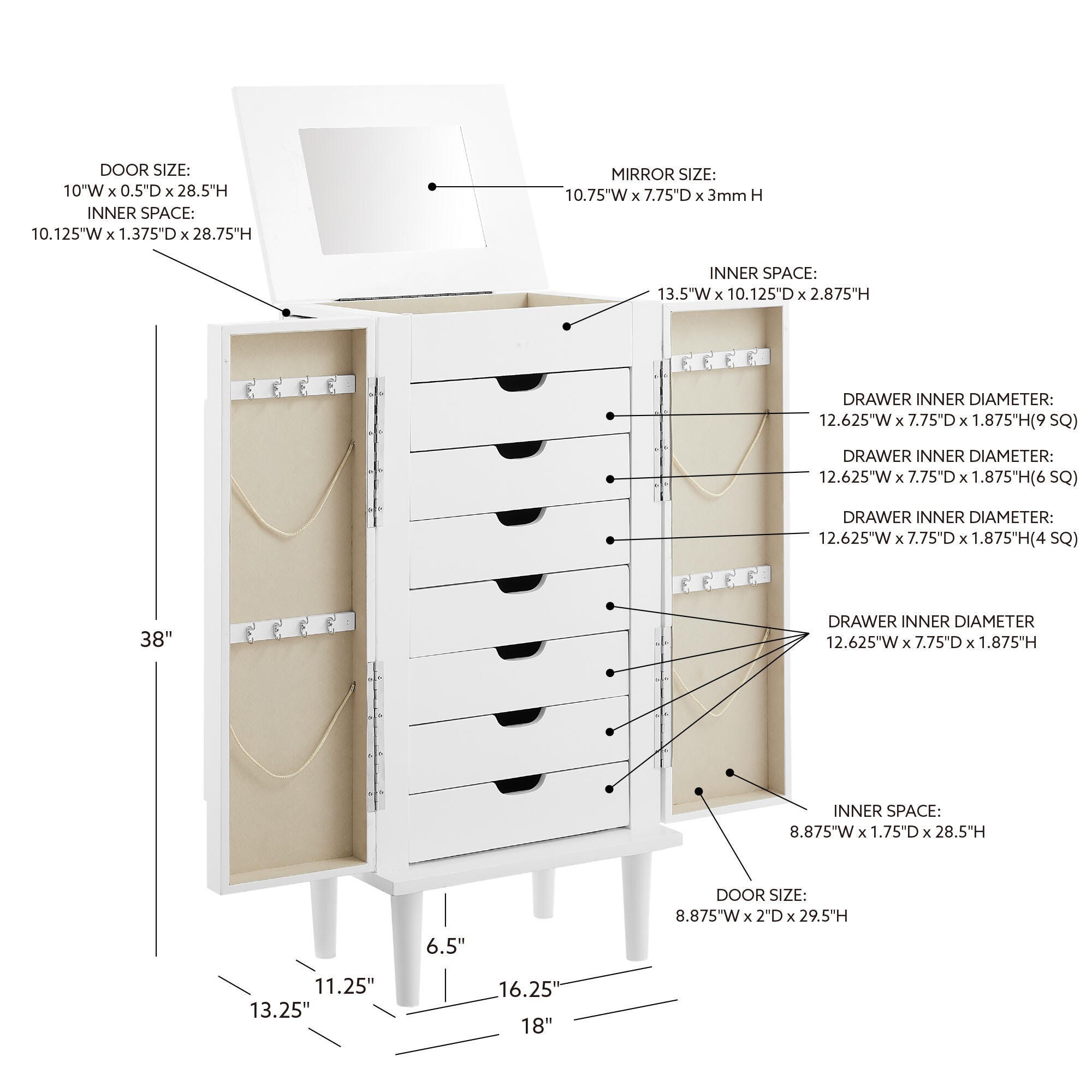 Linon Mina Jewelry 7 Drawer Armoire, White, large